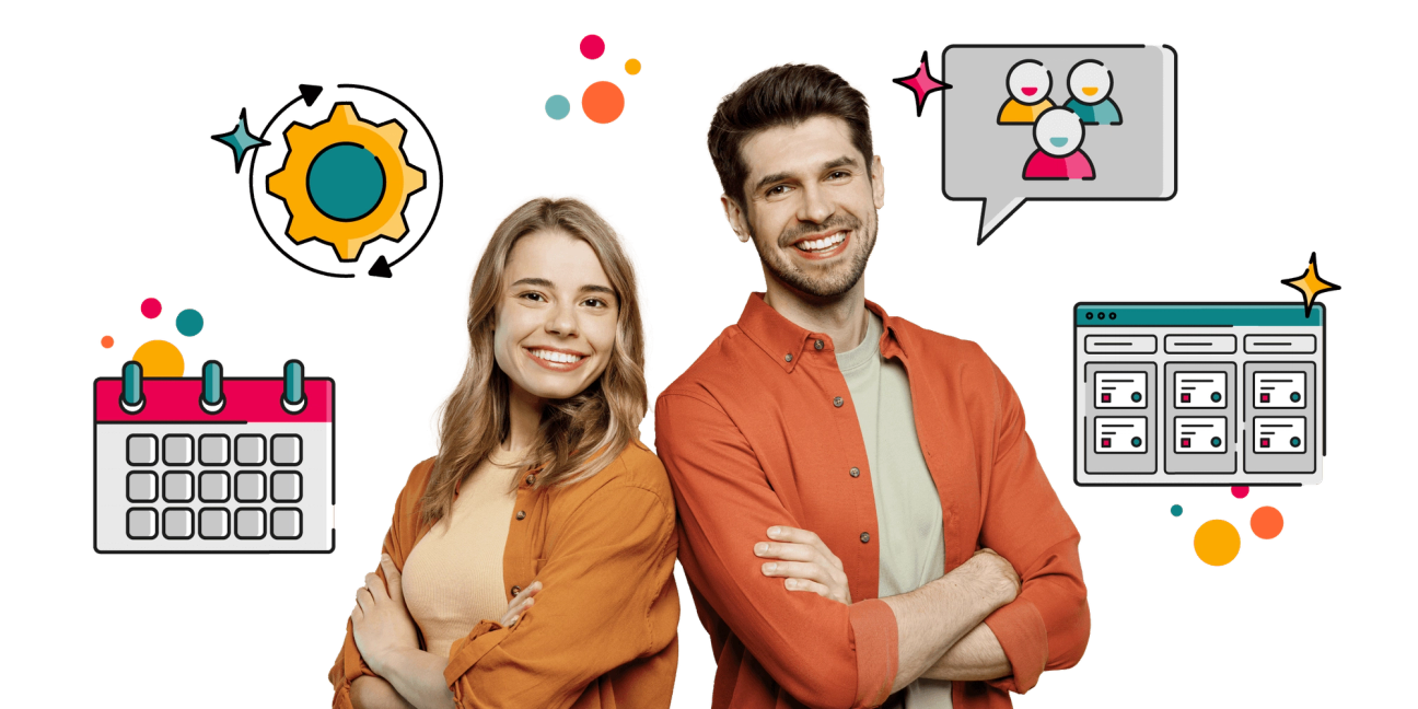 Two people stand side by side, smiling confidently with arms folded, both wearing orange shirts. Around them are colourful, cartoon-style icons on a white background, including a calendar, a cogwheel, a speech bubble with a small group of people, and a stylised software interface—suggesting teamwork, planning, and productivity.