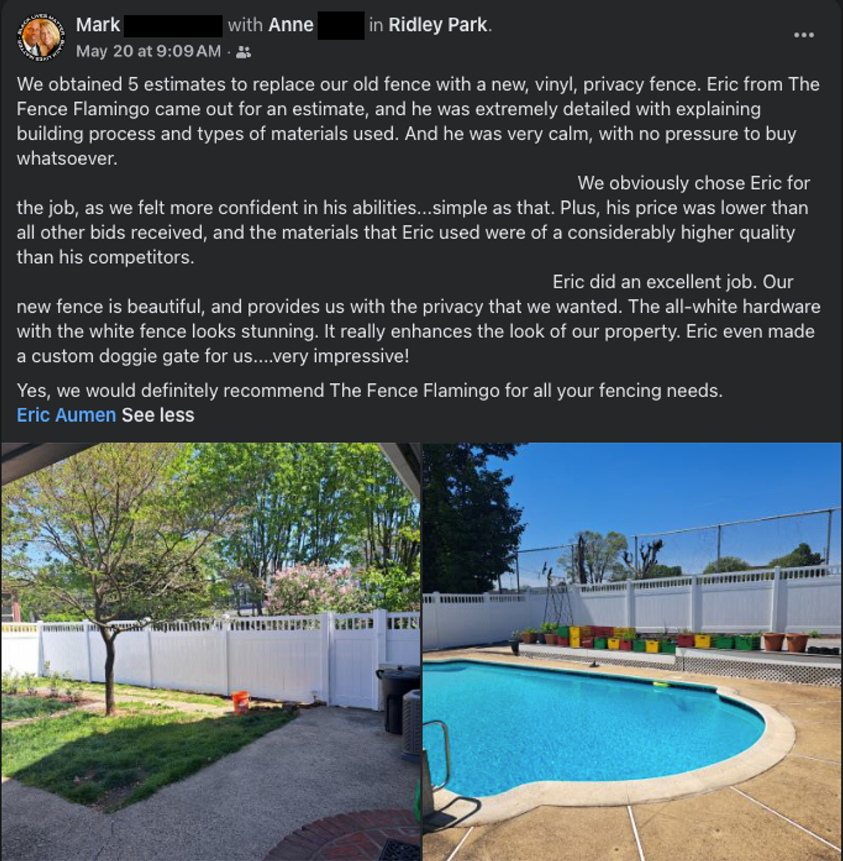 screenshot of fb post by homeowner in ridley park