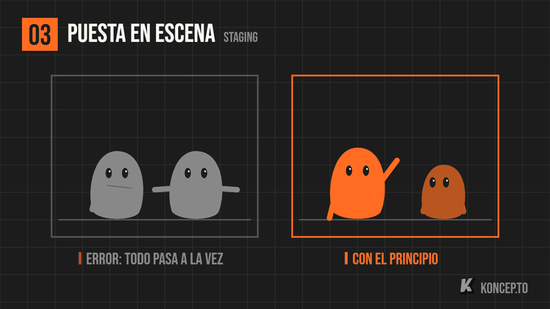 Dos viñetas: en la gris un personaje saluda por delante de su cuerpo mientras otro salta; en la naranja uno saluda con la silueta clara y el otro lo mira quieto