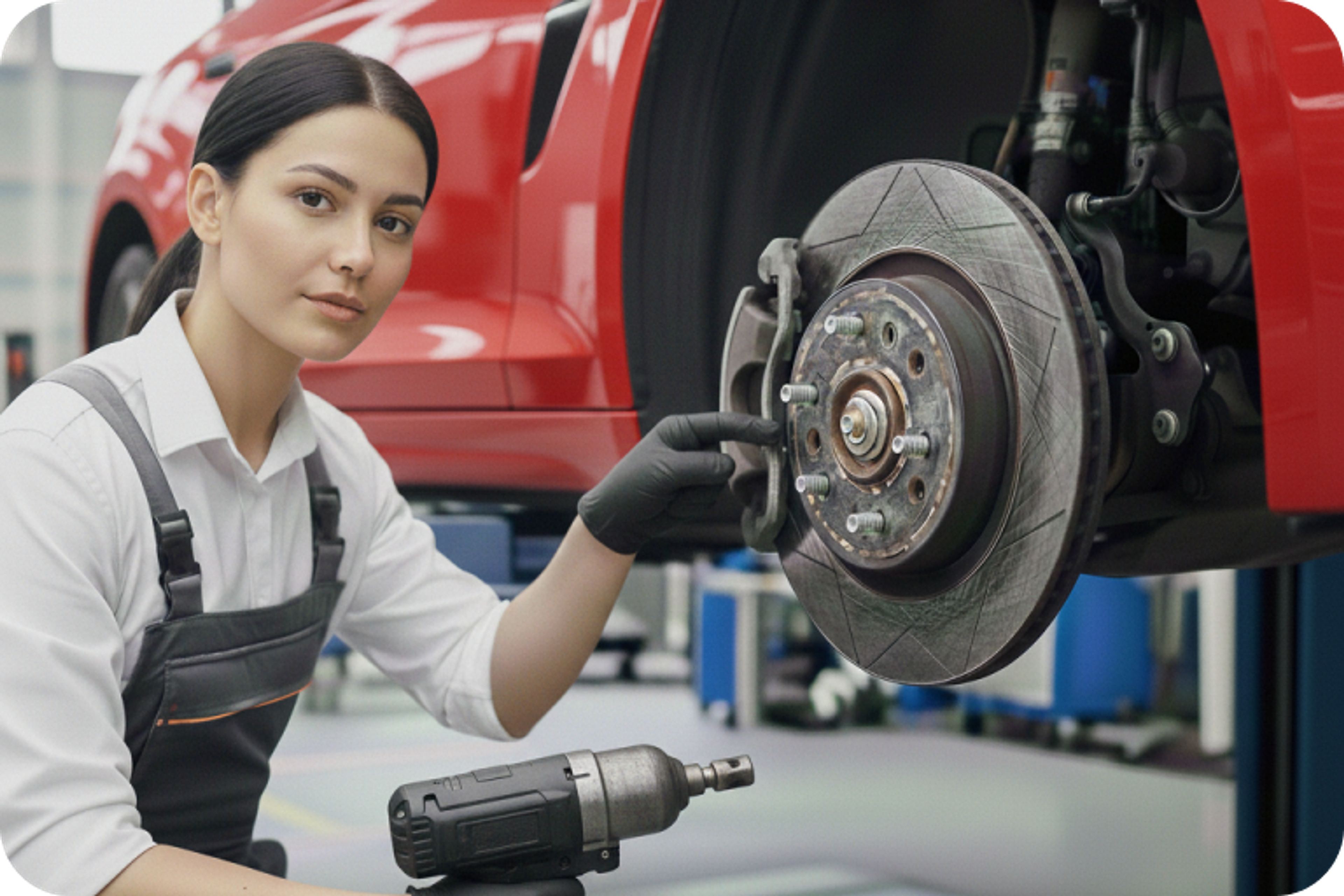 A female automotive mechatronics technician checks the brake disc and wheel hub on a raised red vehicle in the workshop.