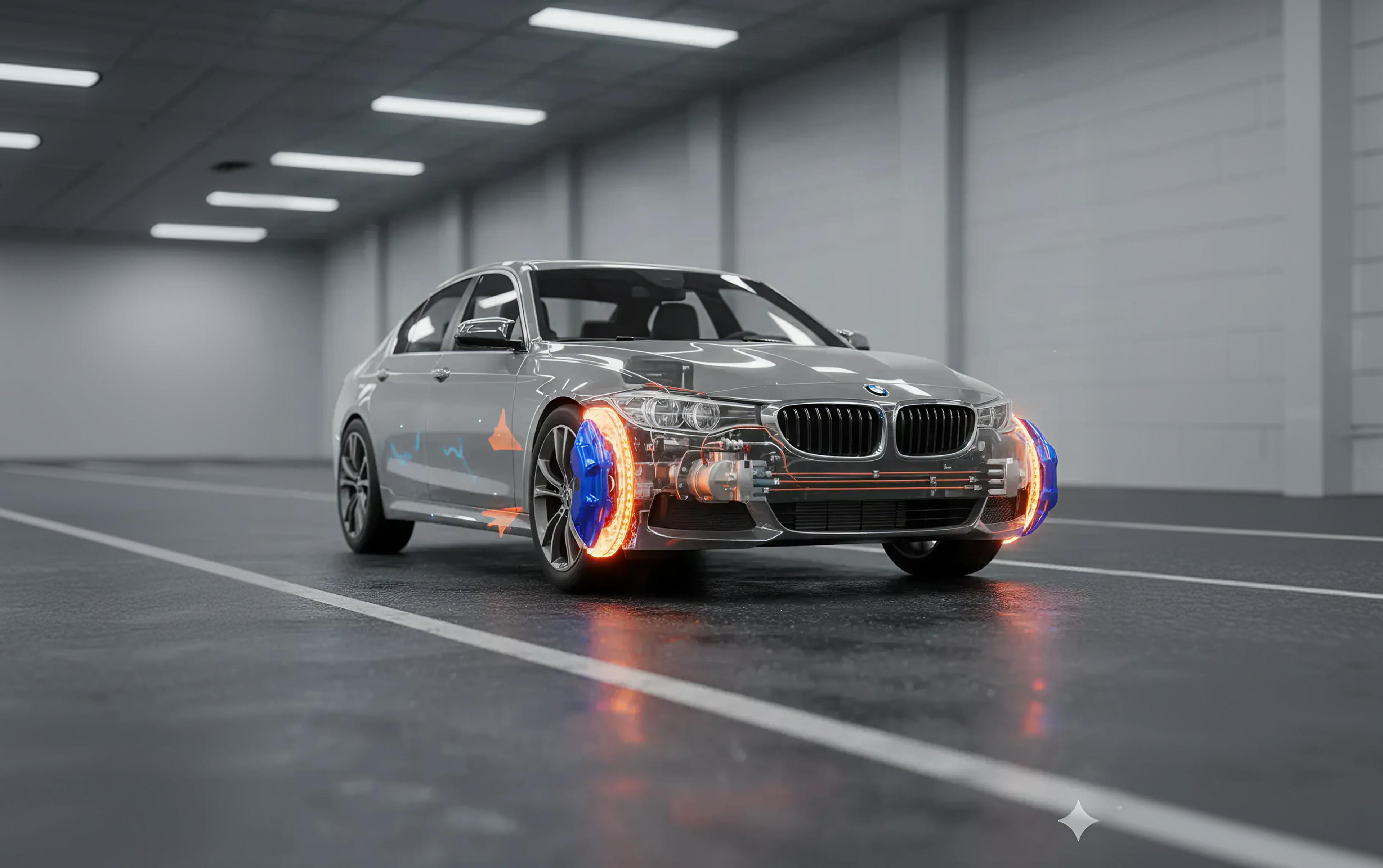 Auto mit visualisierter Bremsanlage und hervorgehobenen Bremssätteln in einer Garage