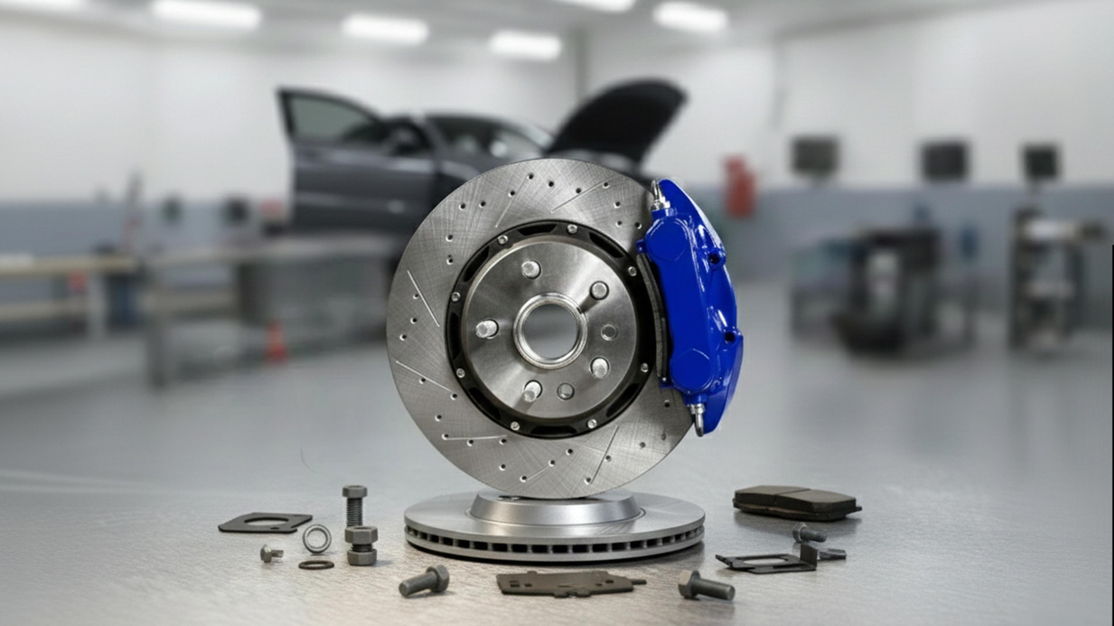 Disc brake with blue caliper and perforated brake disc, brake components laid out next to it in the workshop