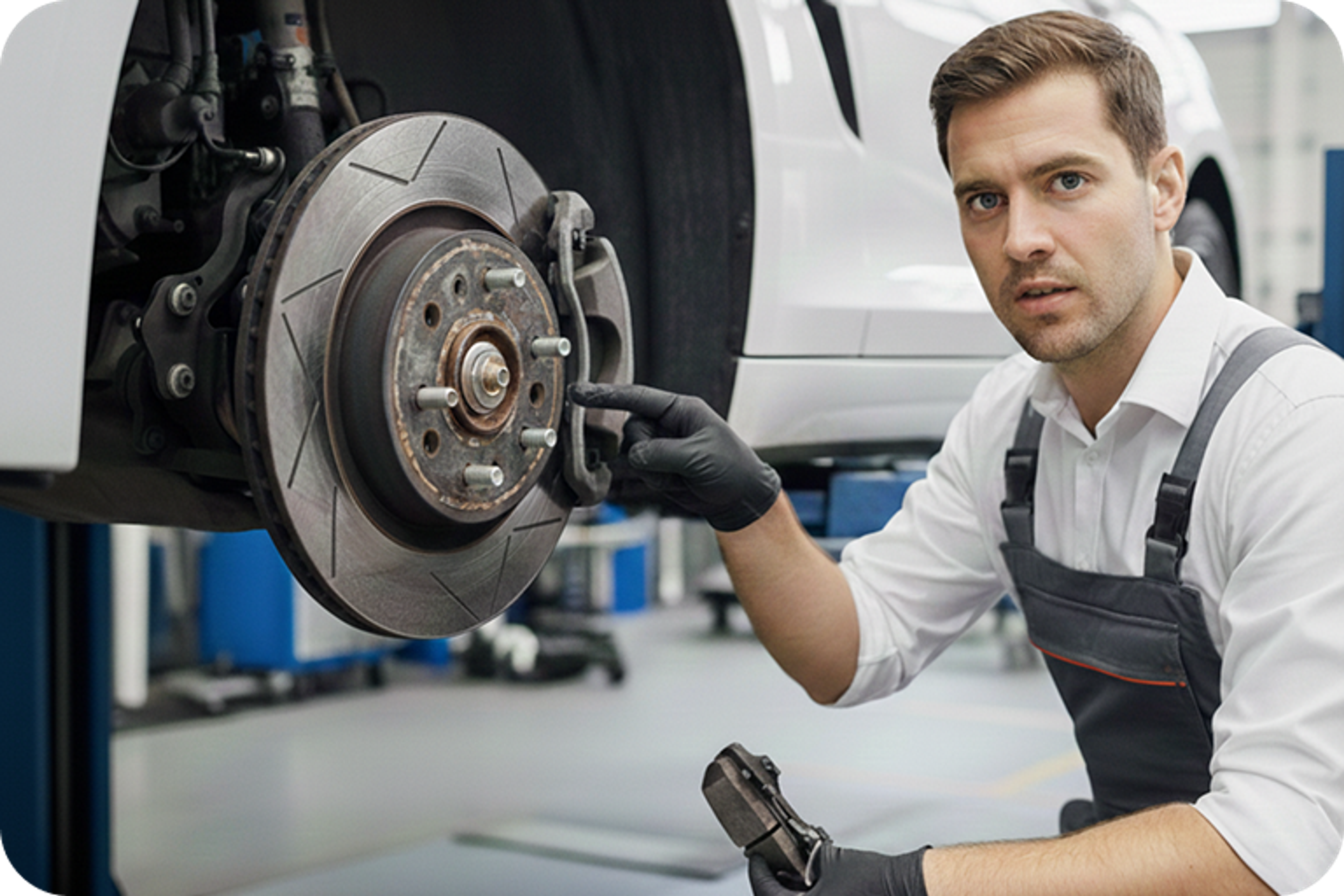 Automotive mechatronics technician points to the brake disc and wheel hub of a raised vehicle in the workshop.