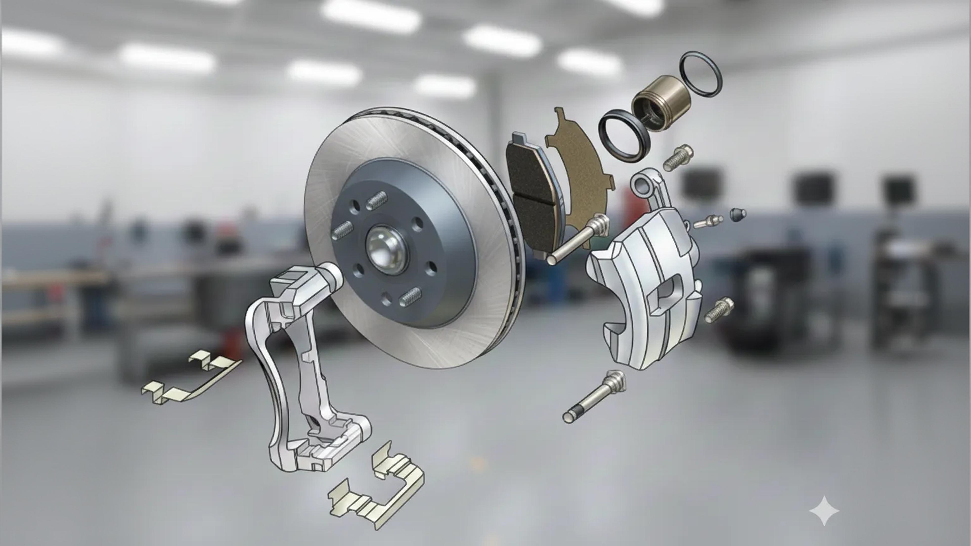 Exploded view of a disc brake system with brake disc, brake pads and caliper in a workshop
