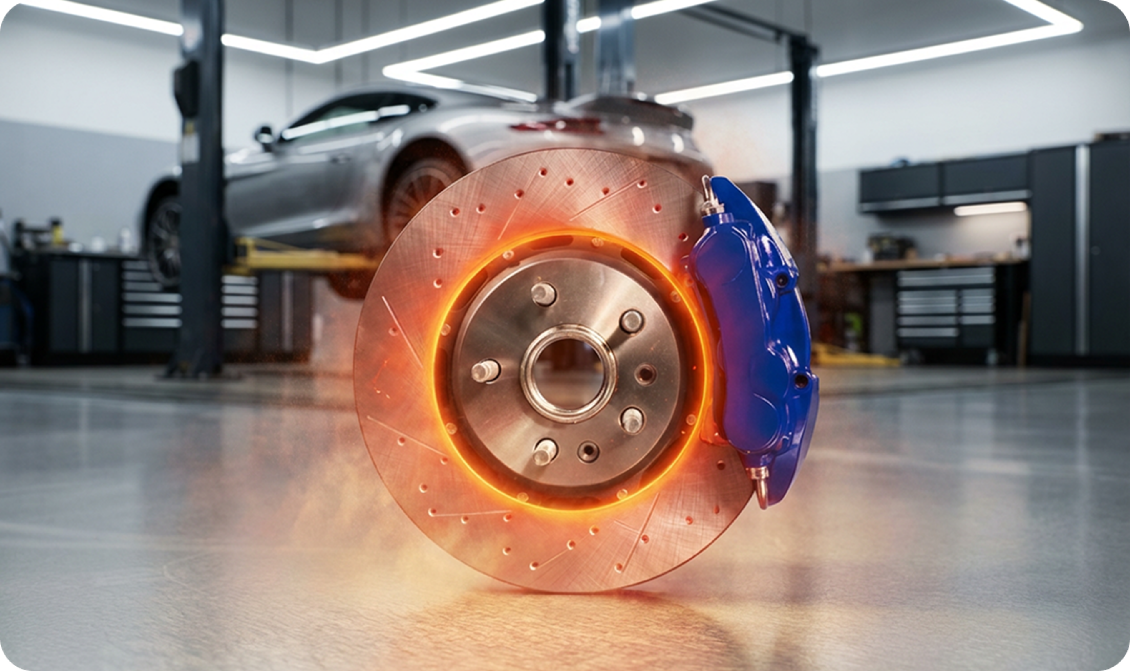 Modern disc brake with perforated brake disc, blue brake caliper, and removed brake pads on a workbench in a car repair shop.