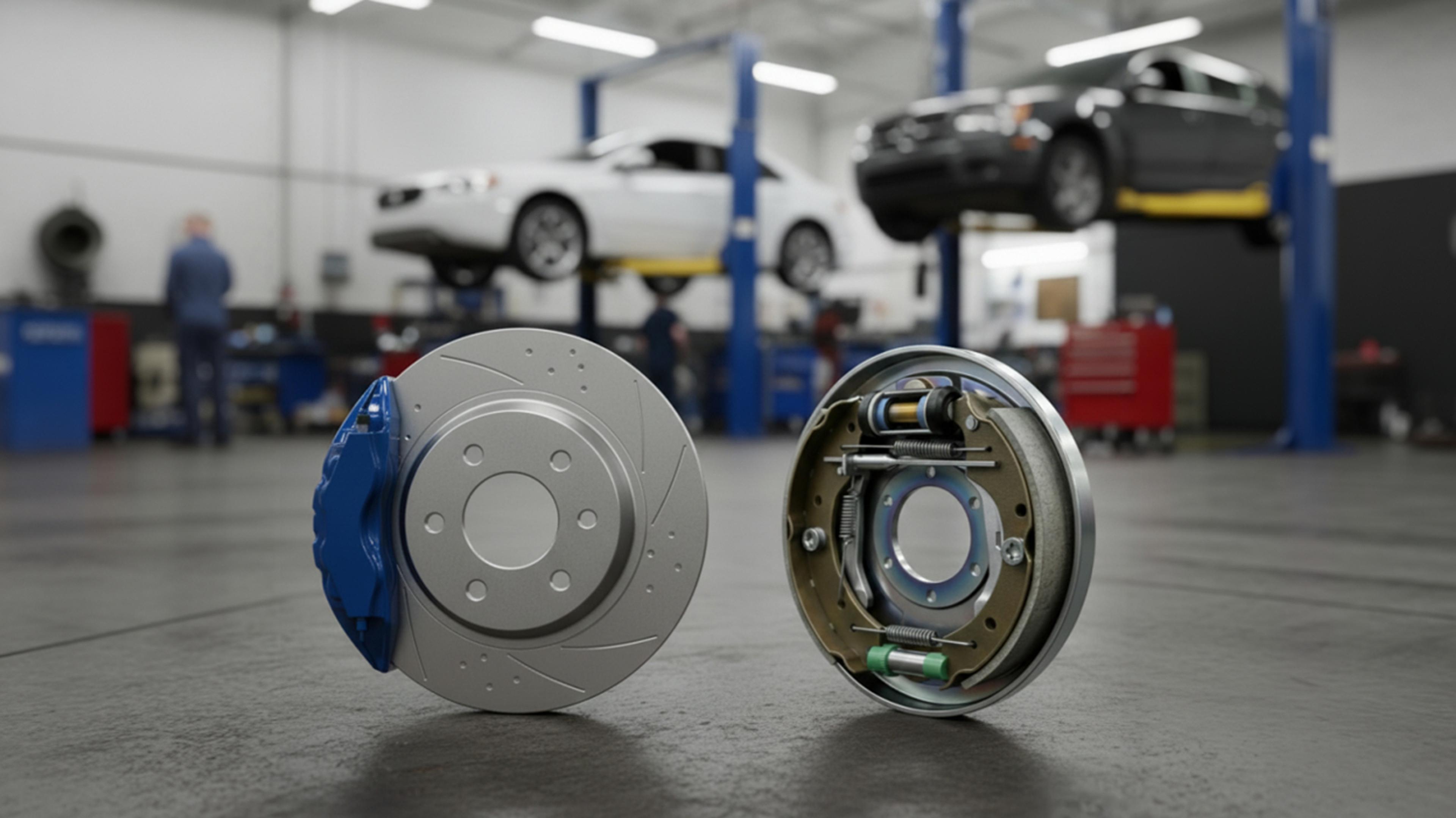 Comparison between disc brakes and brake drums in a car repair shop