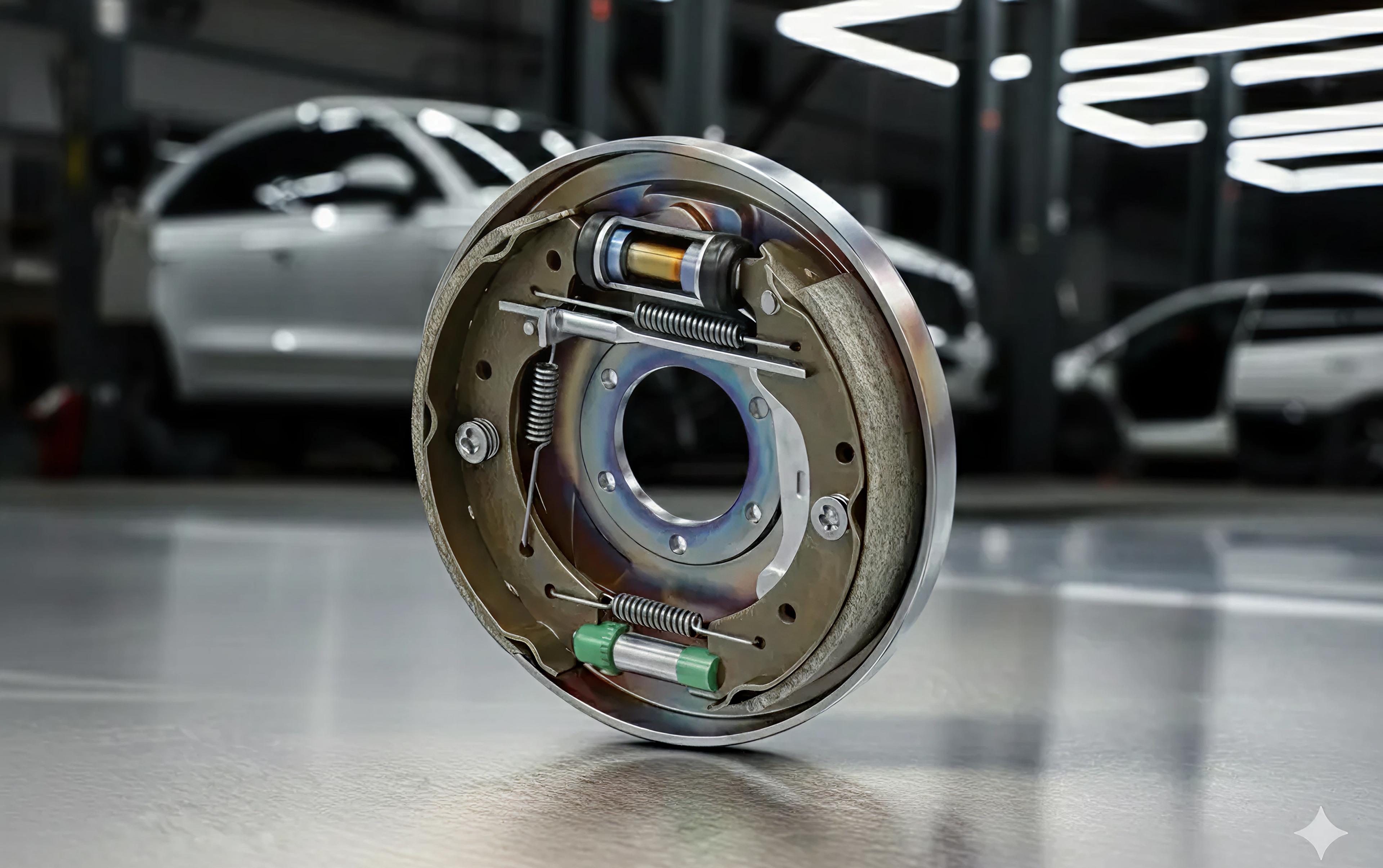 Fully assembled drum brake on workshop floor with cars in the background