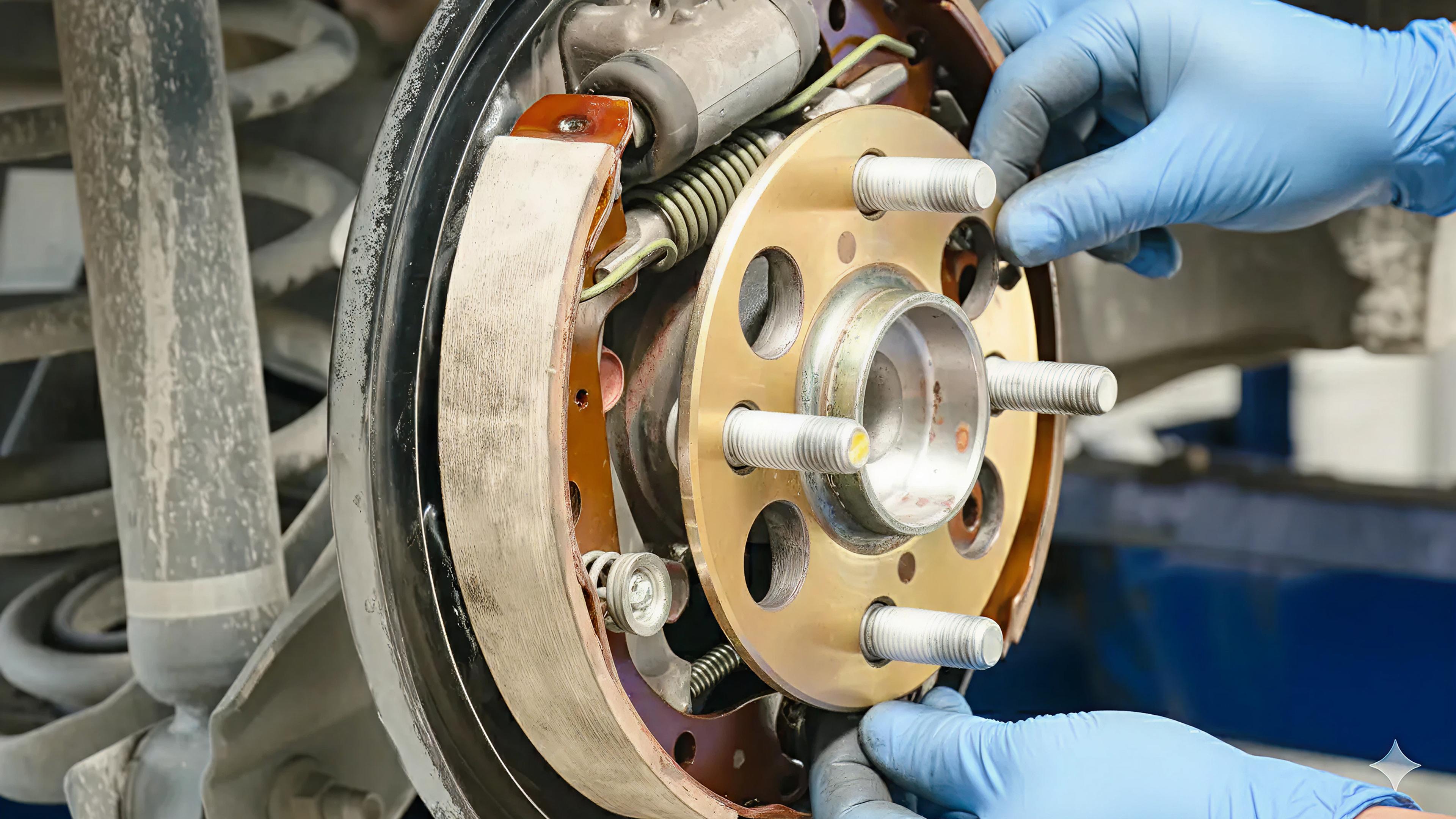 Mechaniker montiert eine Trommelbremse am Auto, Nahaufnahme mit blauen Schutzhandschuhen