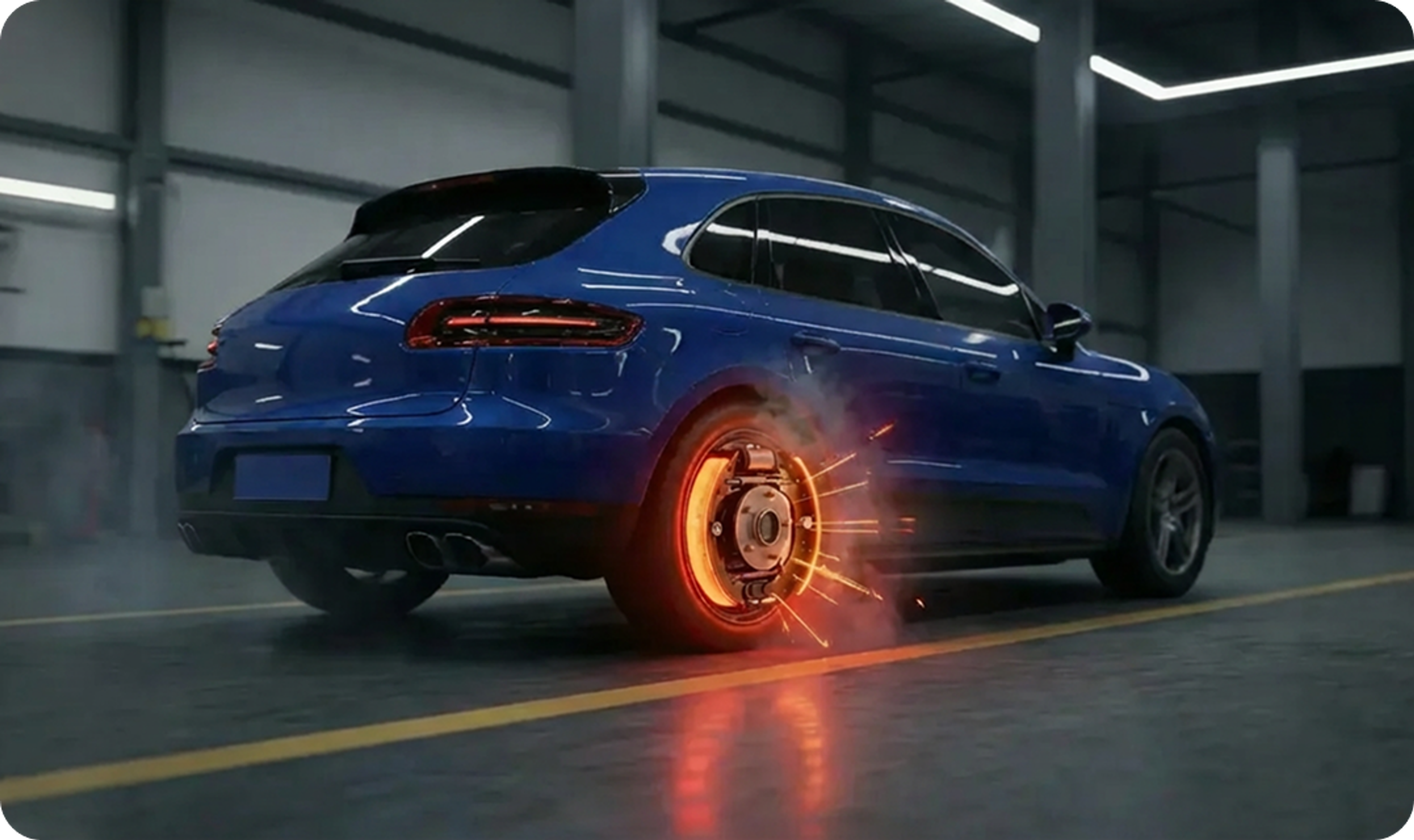 Blue car in a workshop with a highly heated brake disc, represented by a glowing brake point and flying sparks