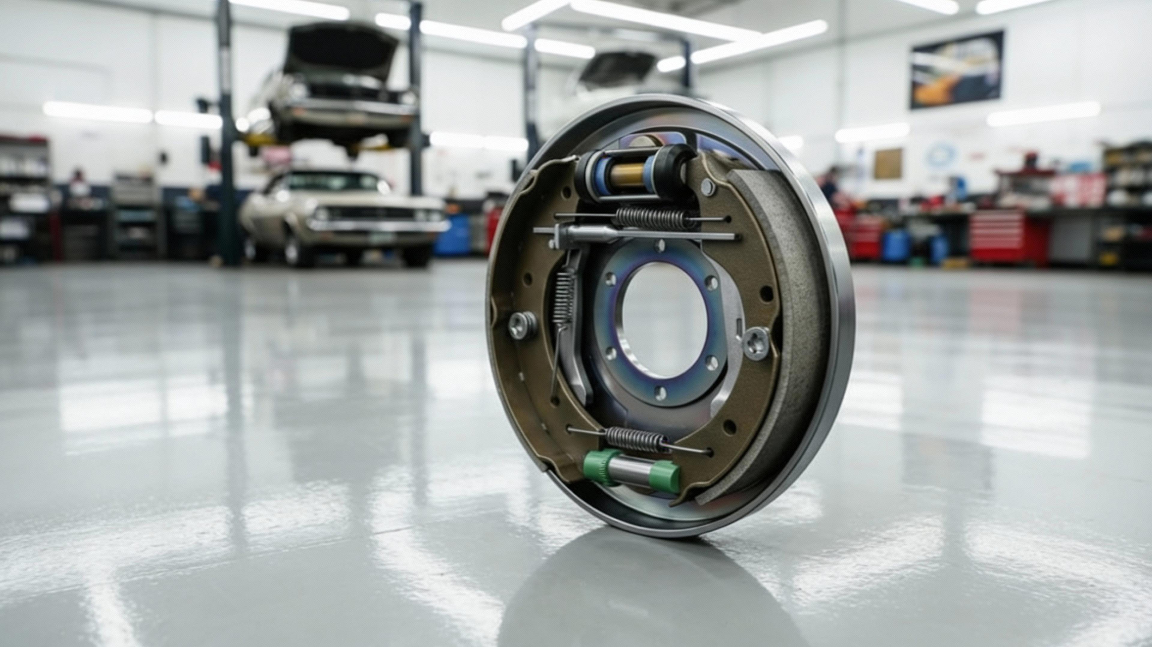 Freestanding drum brake with visible brake shoes and springs in a vehicle workshop