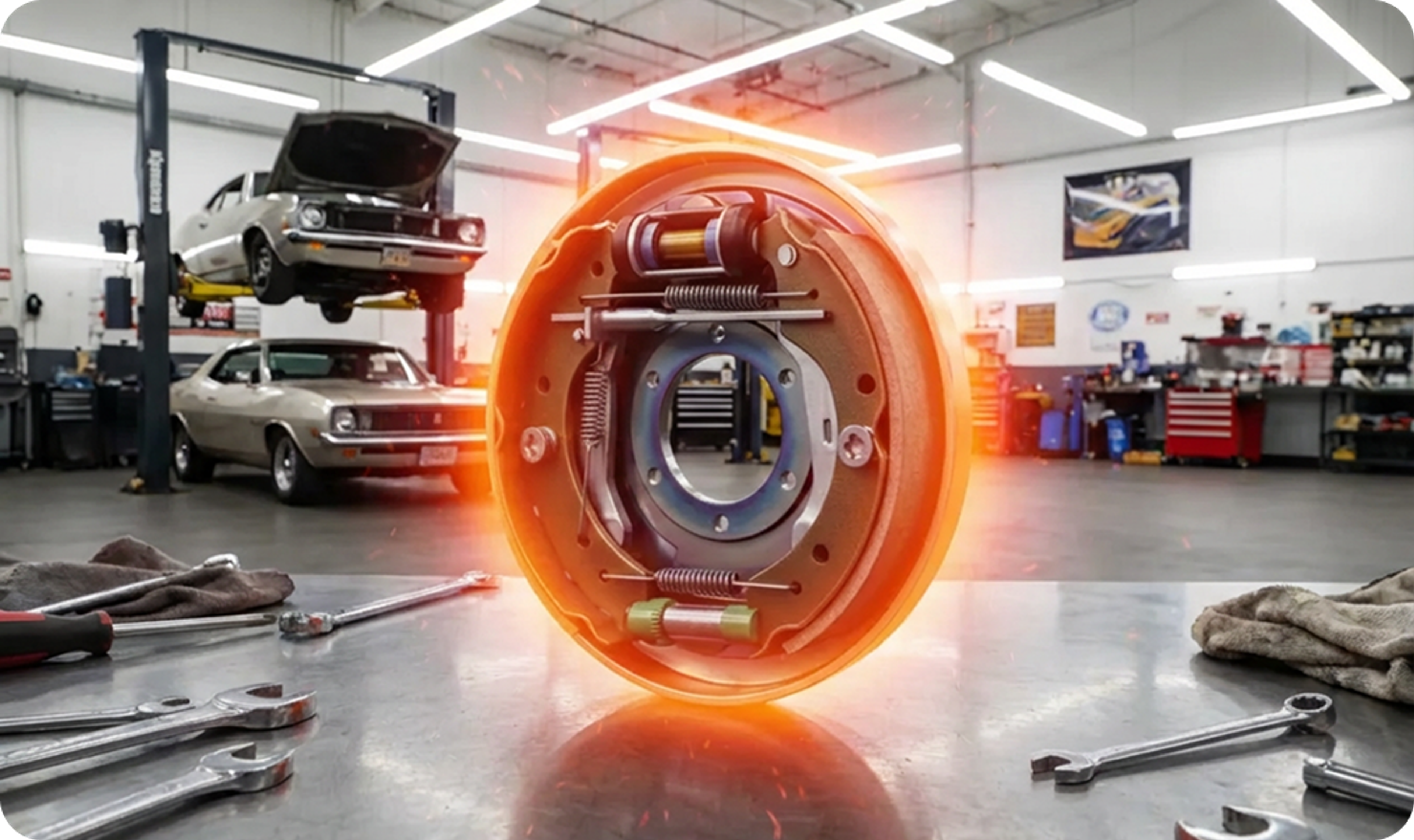 Drum brake with visible brake mechanism, highlighted by orange marking, on a workbench in an automotive repair shop
