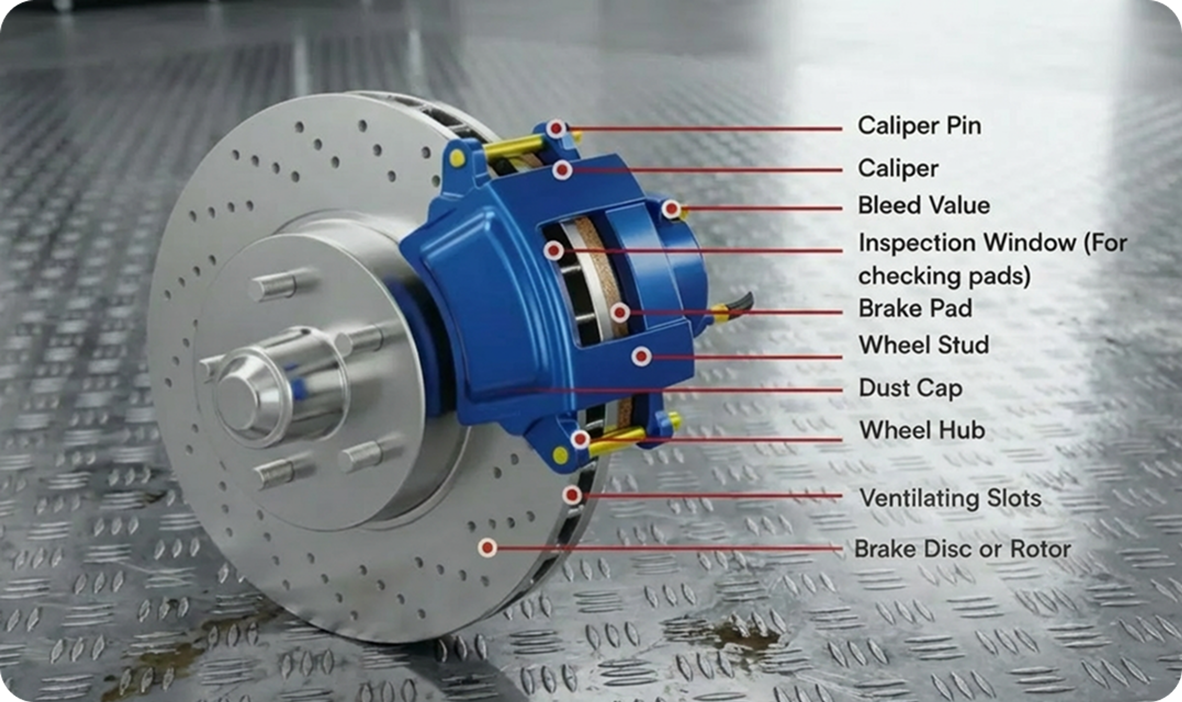 Labeled diagram of a disc brake with brake disc, brake caliper, brake pads, wheel hub, and other components to explain the braking system