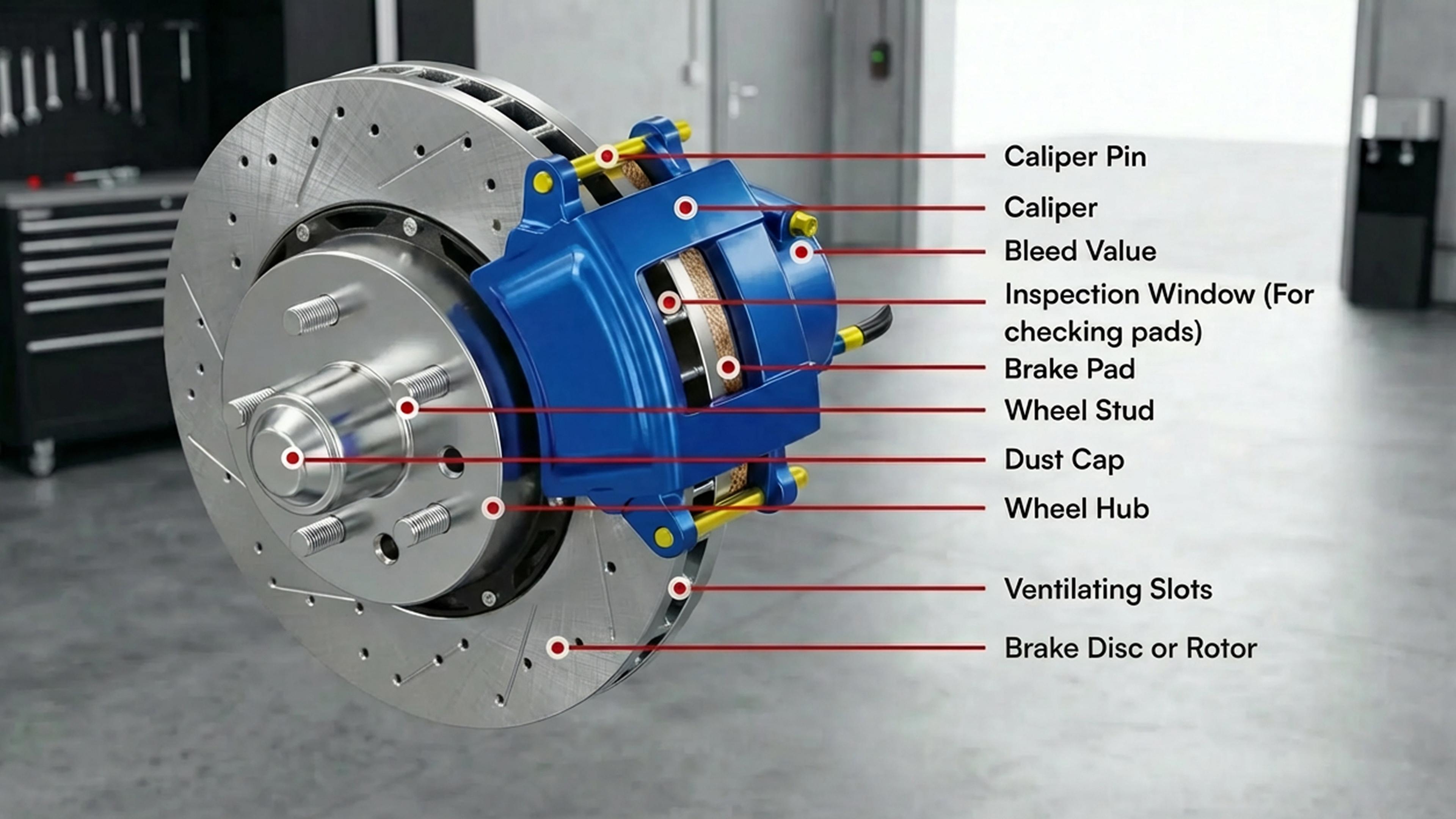Labeled diagram of a disc brake with brake disc, brake caliper, brake pads, and wheel hub
