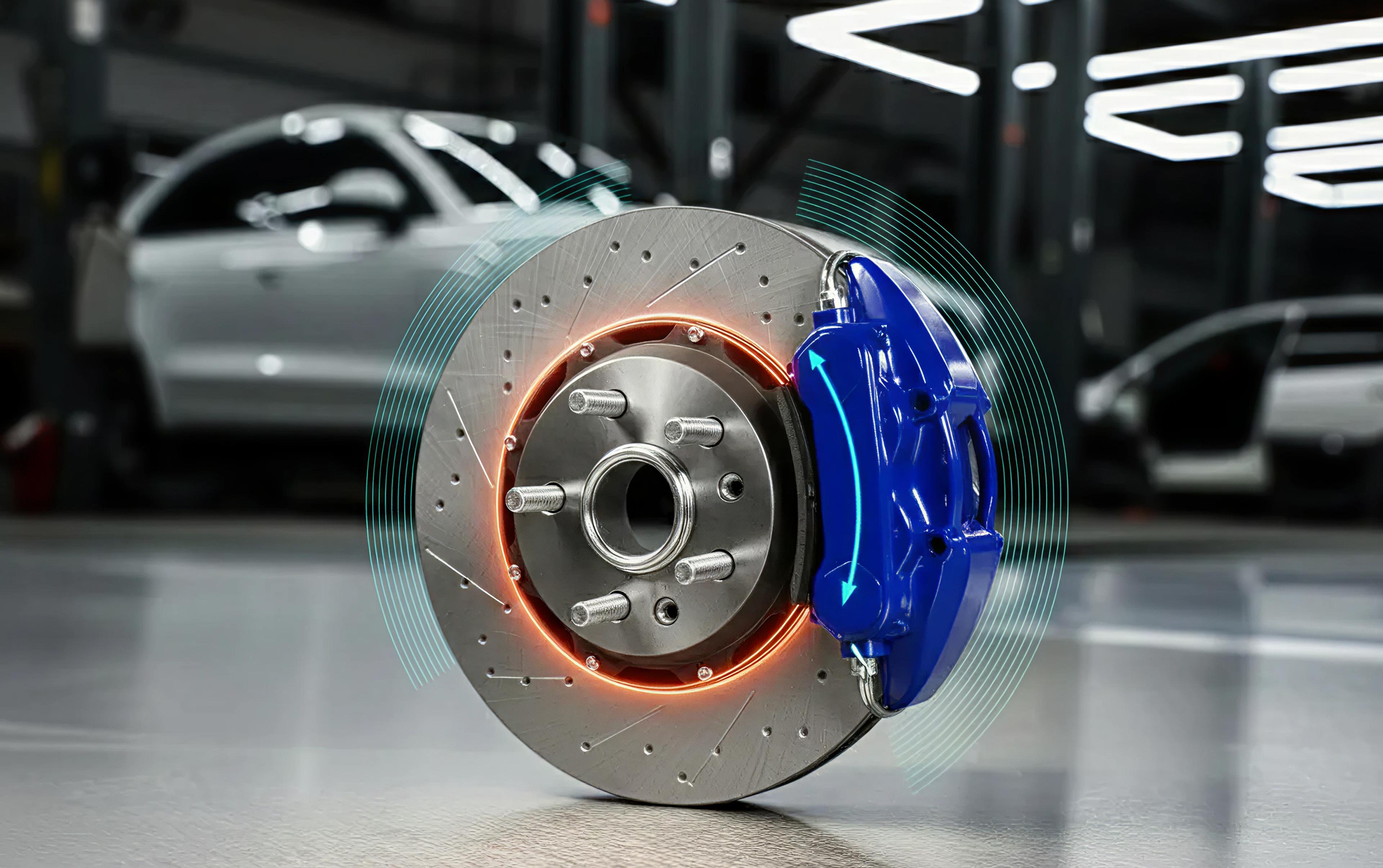Brake disc with blue brake caliper and visualized braking motion in a workshop