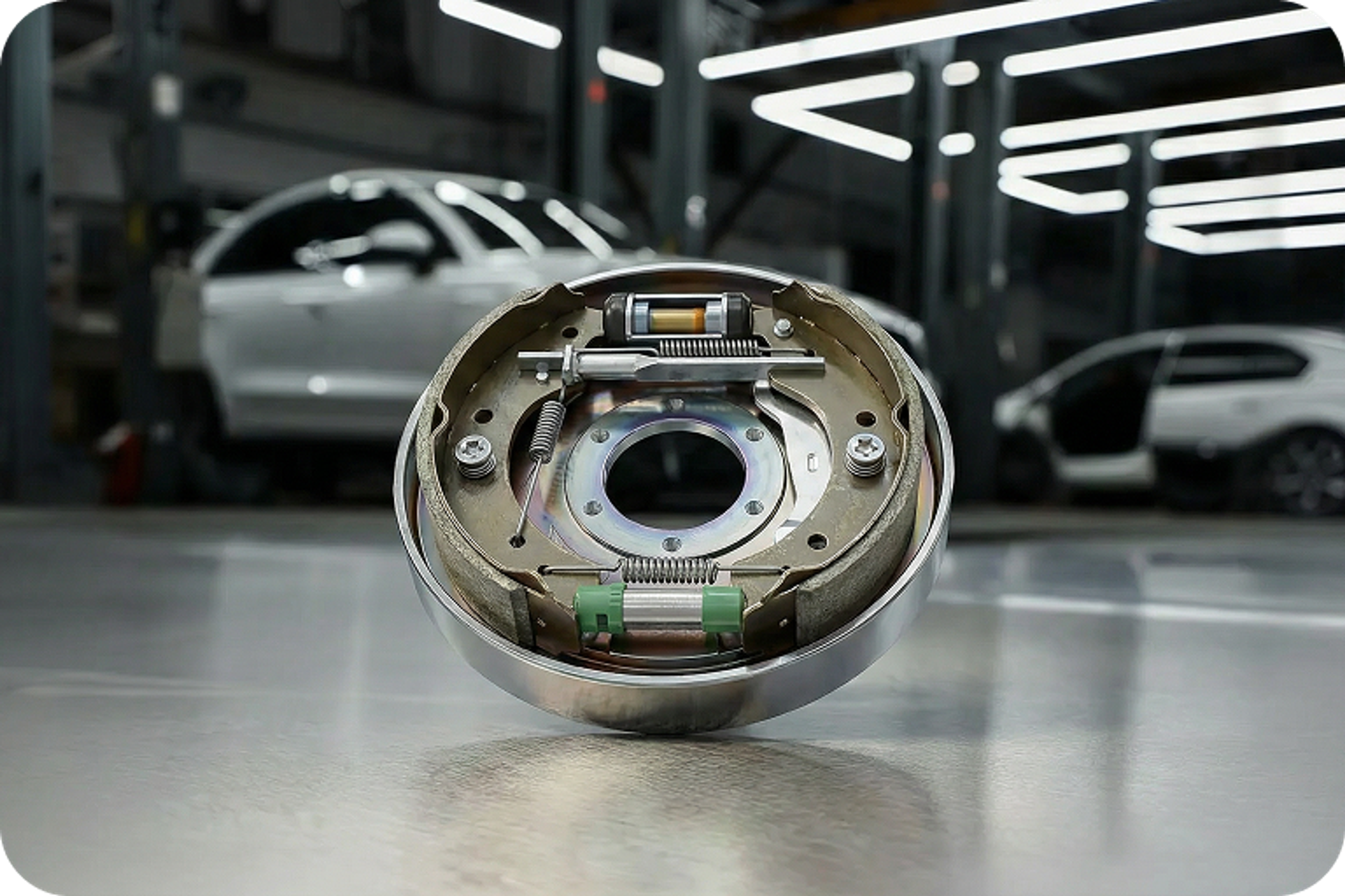 Drum brake with visible brake shoes, springs, and mechanics, shown in a modern automotive workshop