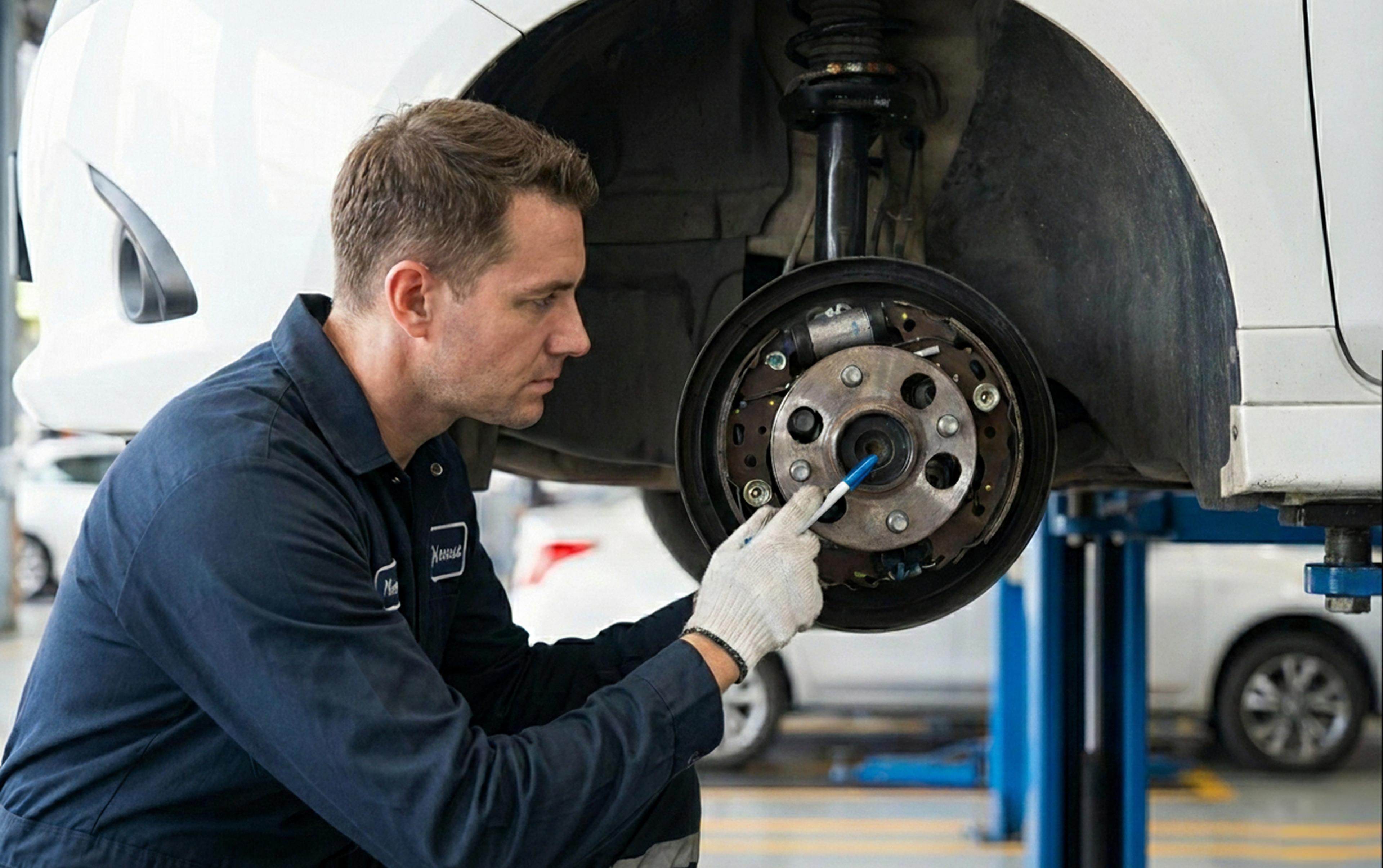 Automotive mechatronics technician inspects an open brake drum on the front axle of a car.