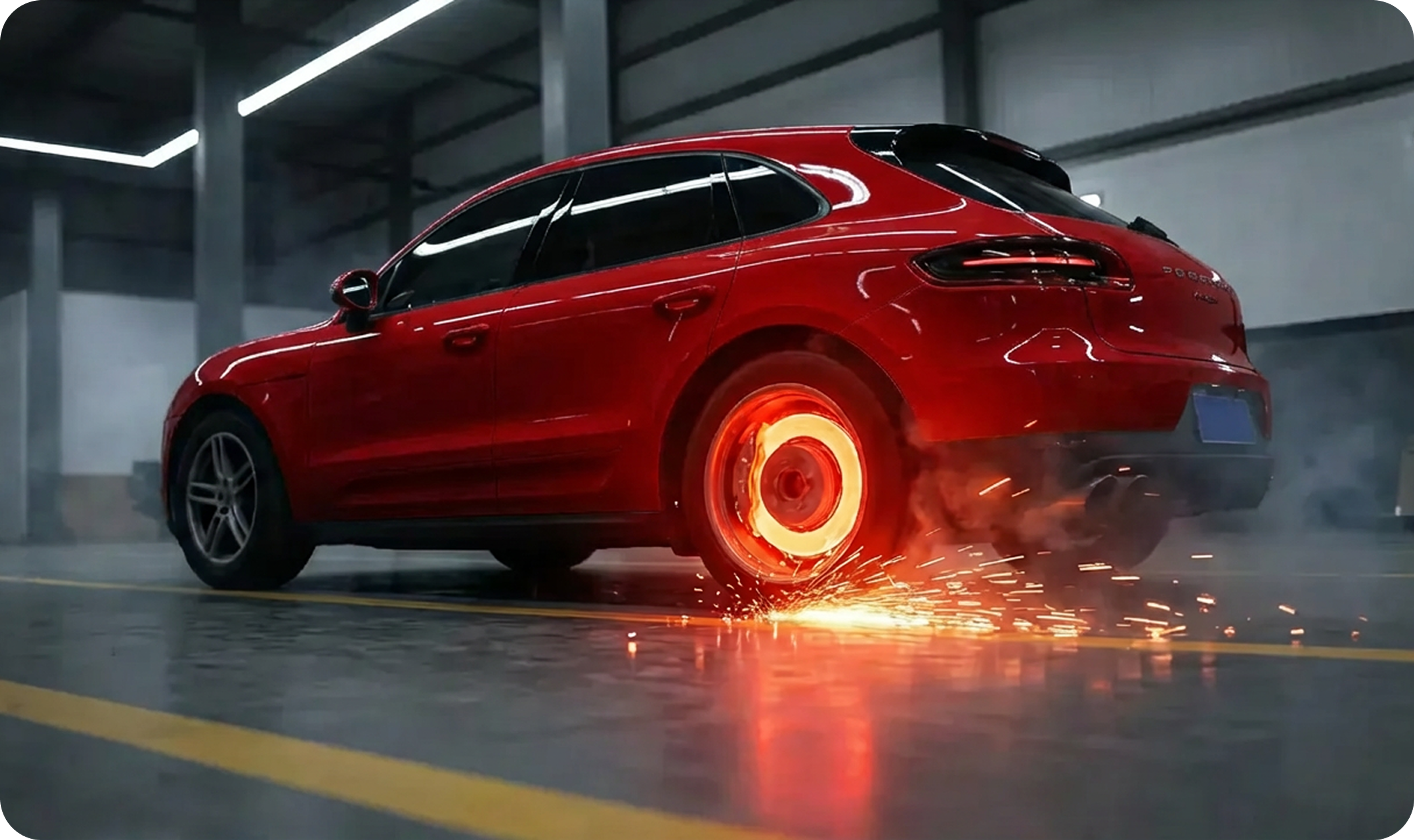 A mechanic works on the brake disc of a raised car and loosens the brake caliper with a wrench in the workshop.