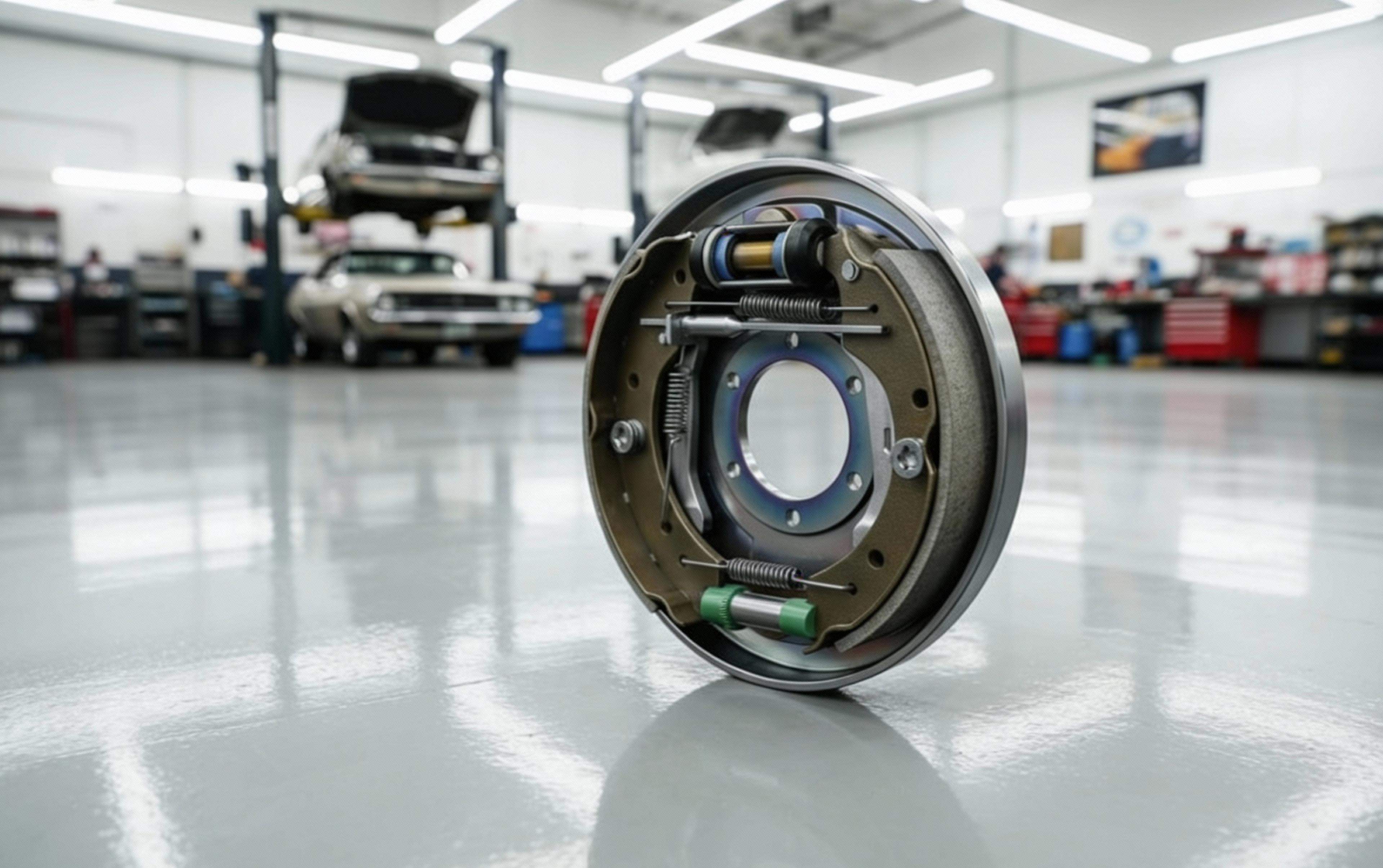 Freestanding brake drum with visible elements in a modern workshop