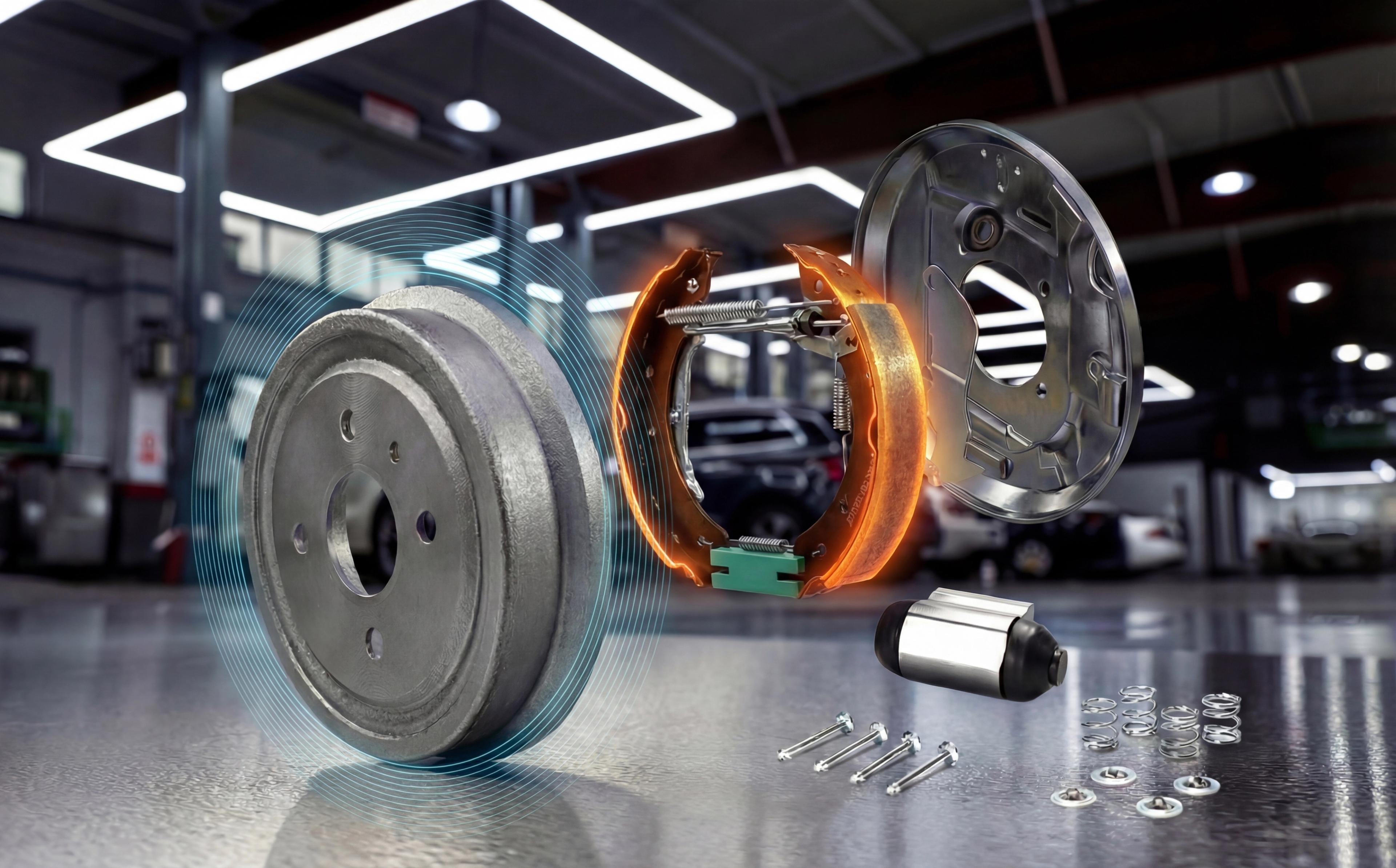 Explosionsdarstellung einer Trommelbremse mit einzelnen Bauteilen in einer modernen Autowerkstatt