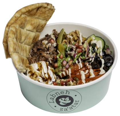 Bowl van Labneh & Za'atar met shoarma, groenten en pita