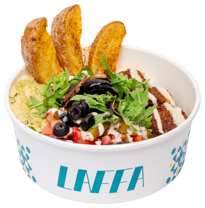 Laffa bowl met hummus, olijven en rucola