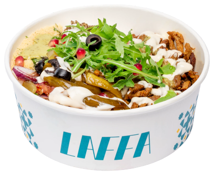 Laffa bowl met kip, aubergine en granaatappel