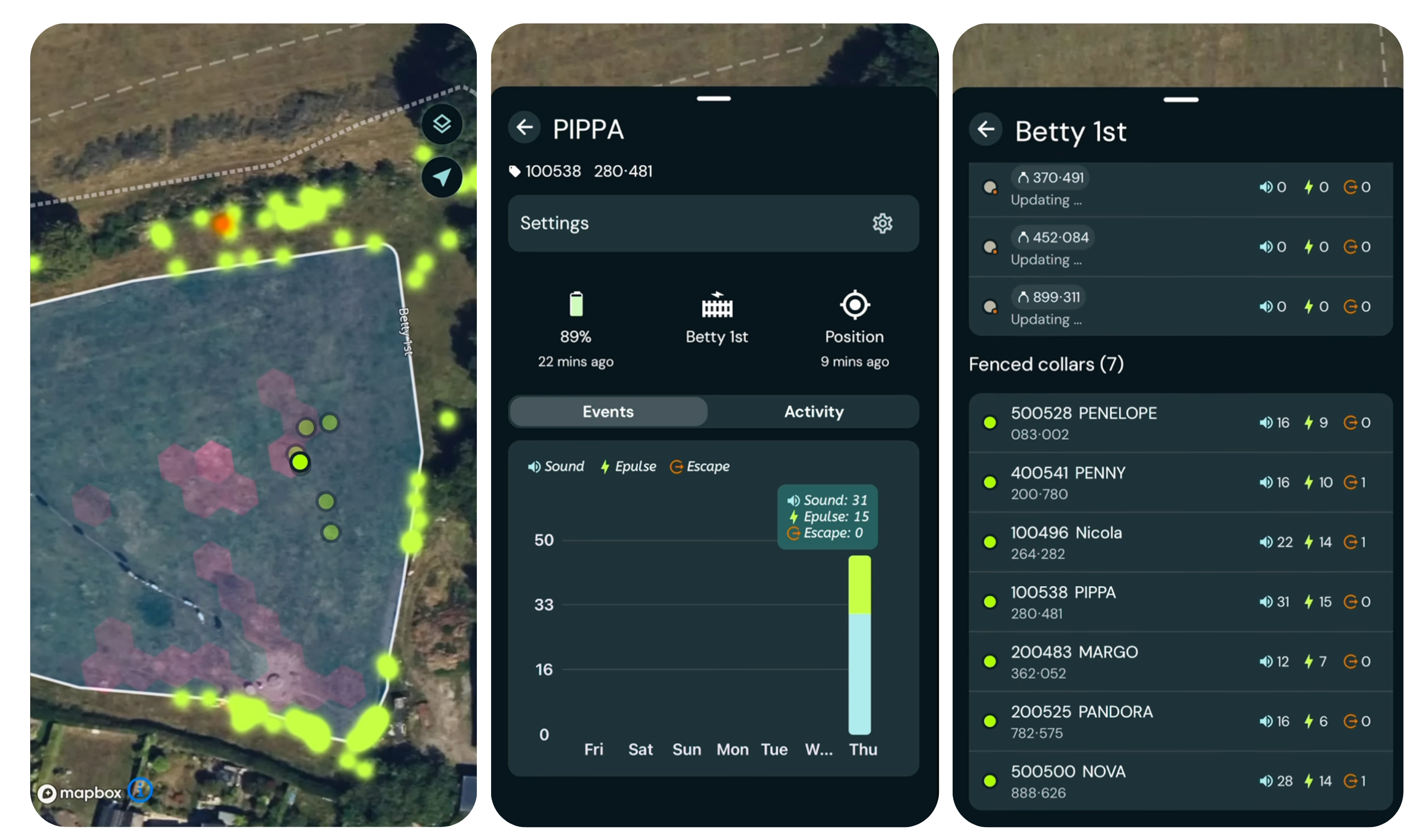 Screenshot of Monil Virtual fencing app that shows where Harriet has created her fence line. The green dots are the cattle and the highlighted areas along the fence is where the cows have heard noise and the orange is an escape. Then the screen that shows the activity from one cow "Pippa" that shows battery %, updates on her position and how many sounds, shocks and escapes. The next image shows Betty 1st fence and all the cattle within and how many sounds, shocks and escapes. 