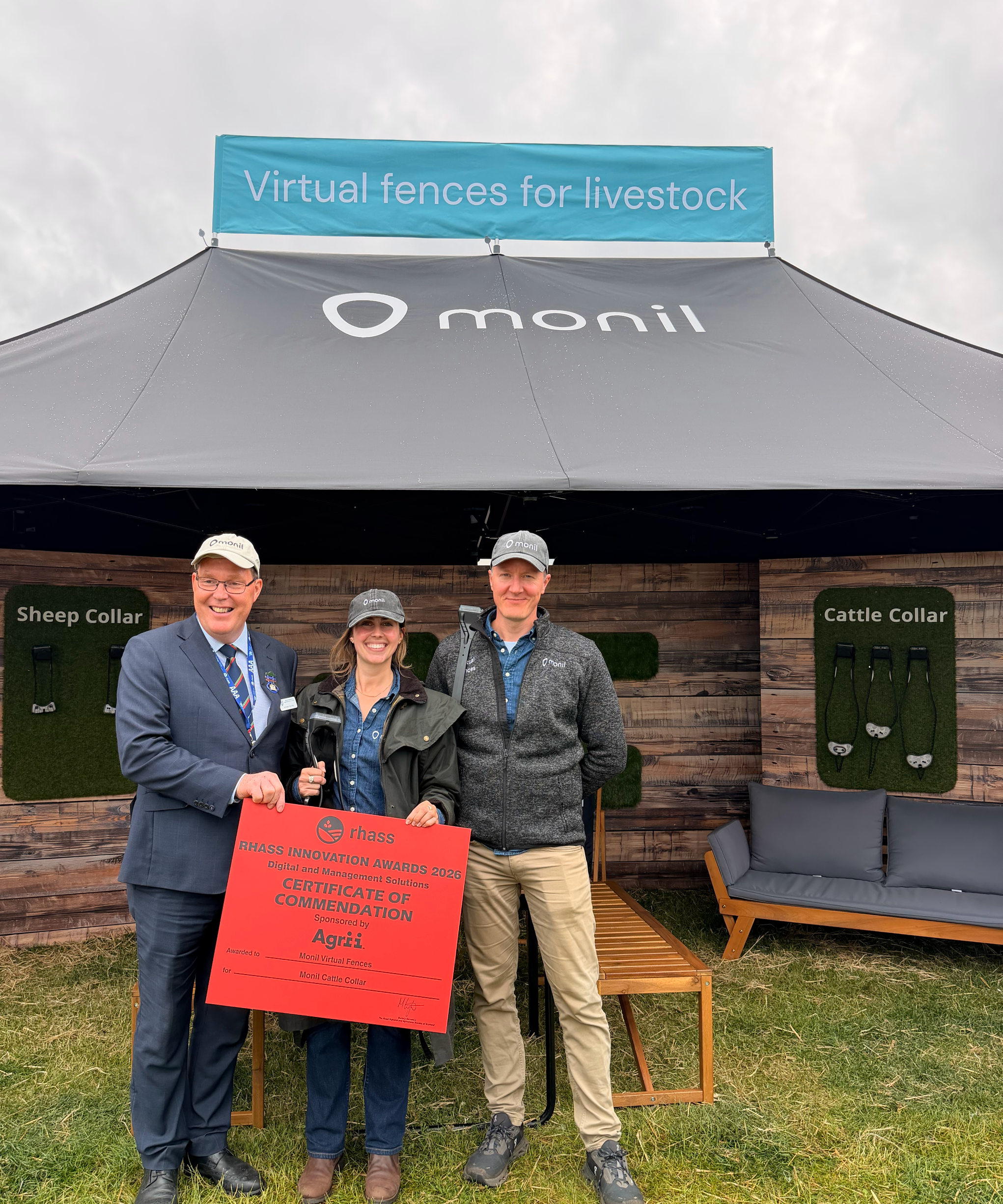 Monil employees at Royal Highland Show, being presented the Commendation Award for the Monil Cattle Collar