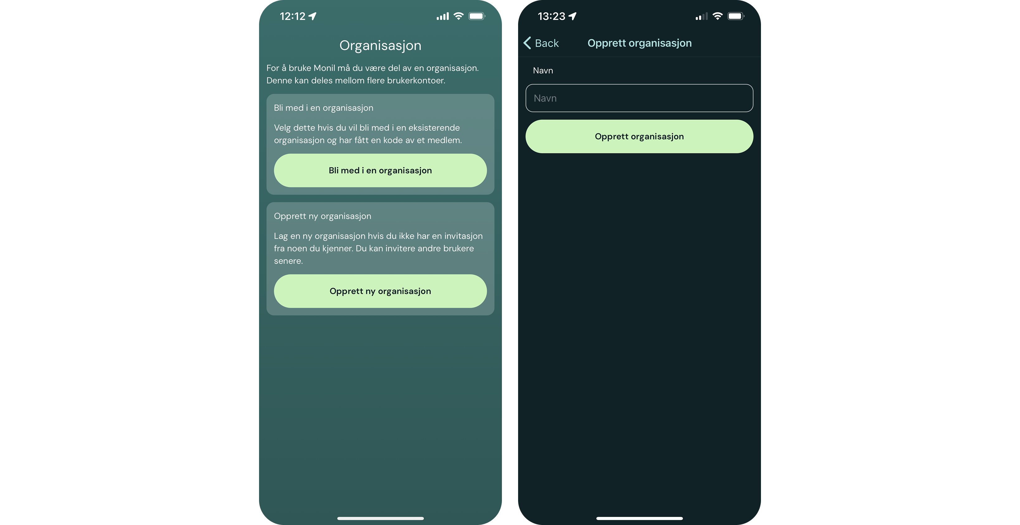 Skjermbilder av appen