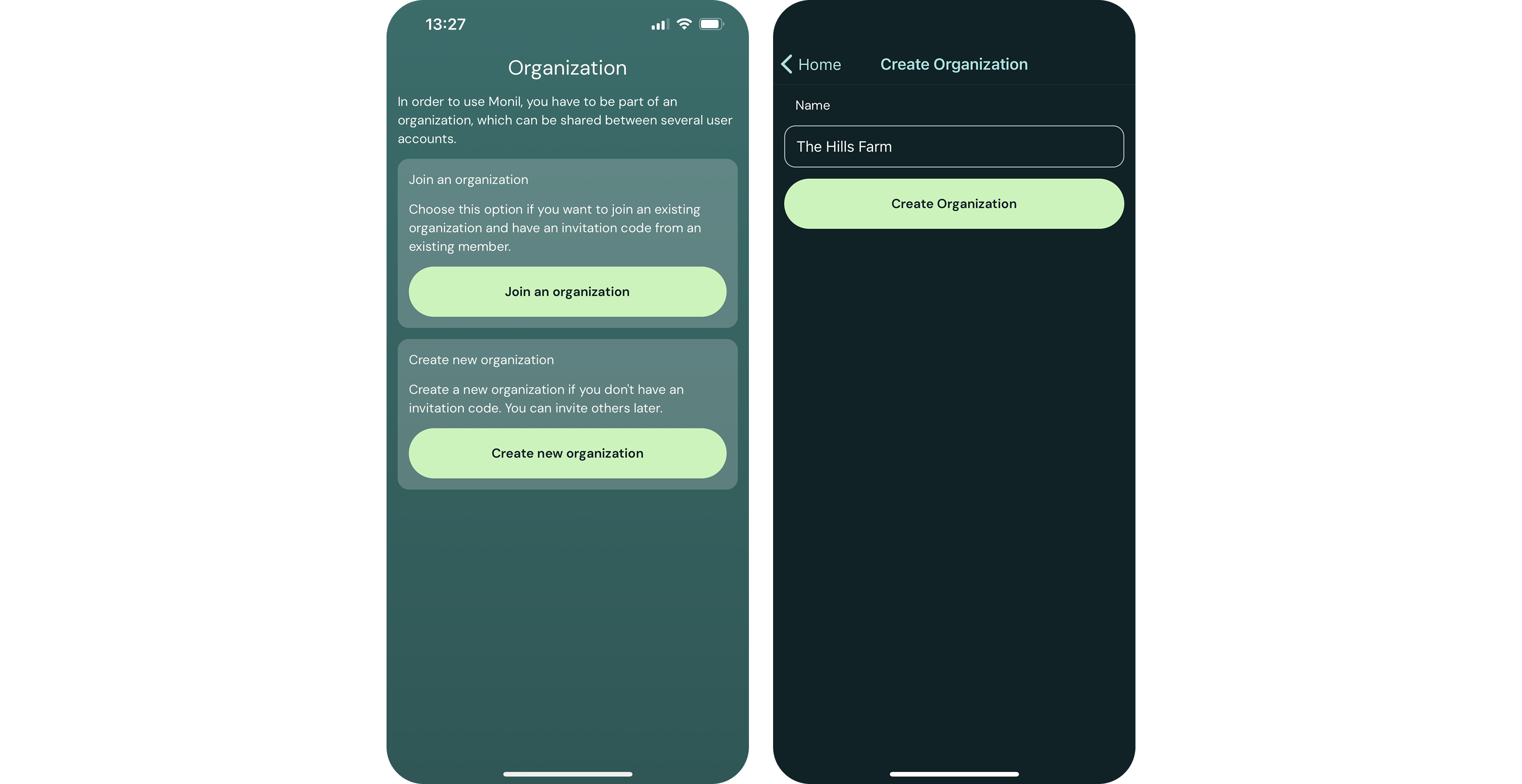 Screenshots of the Monil app