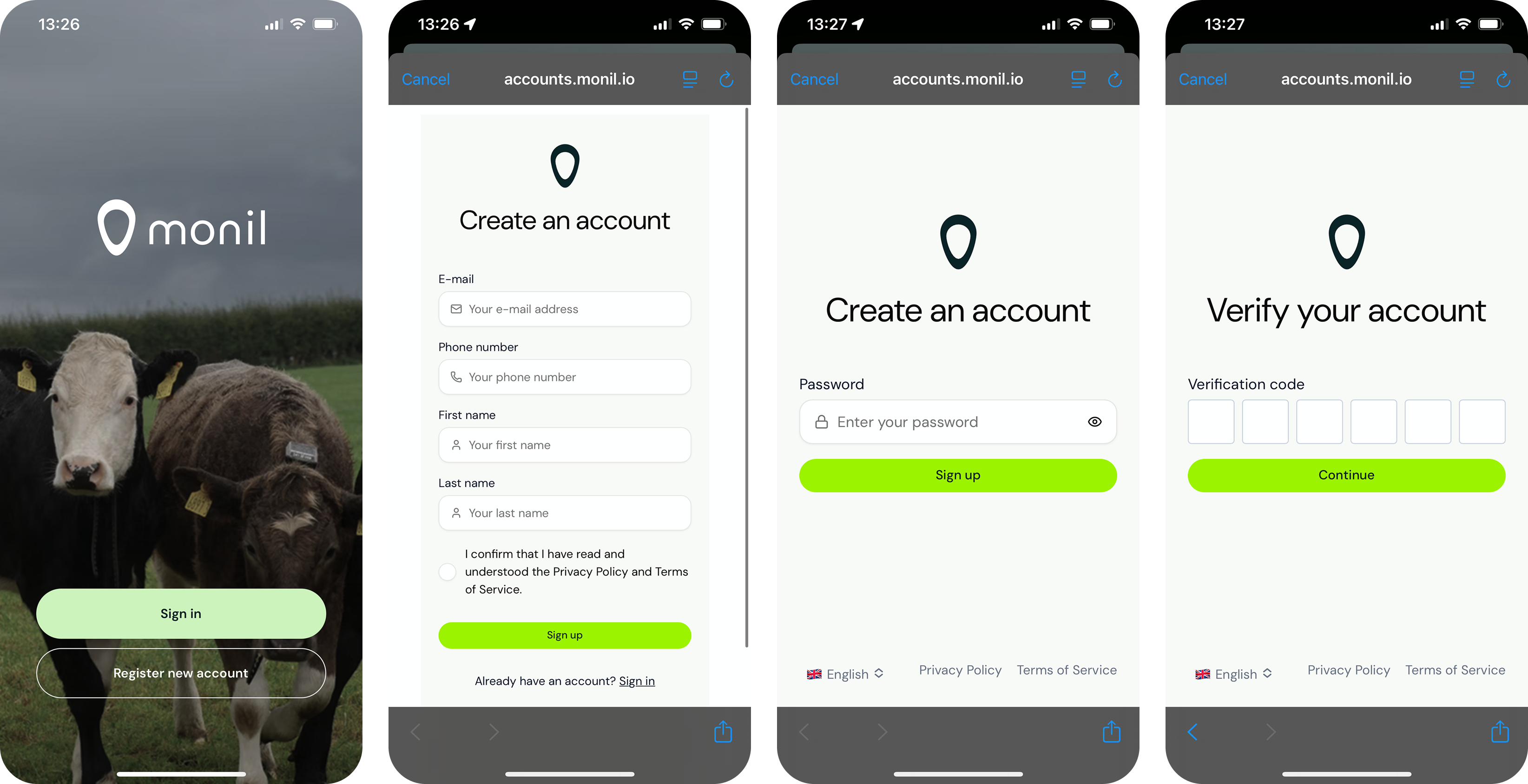 Screenshots of the Monil app