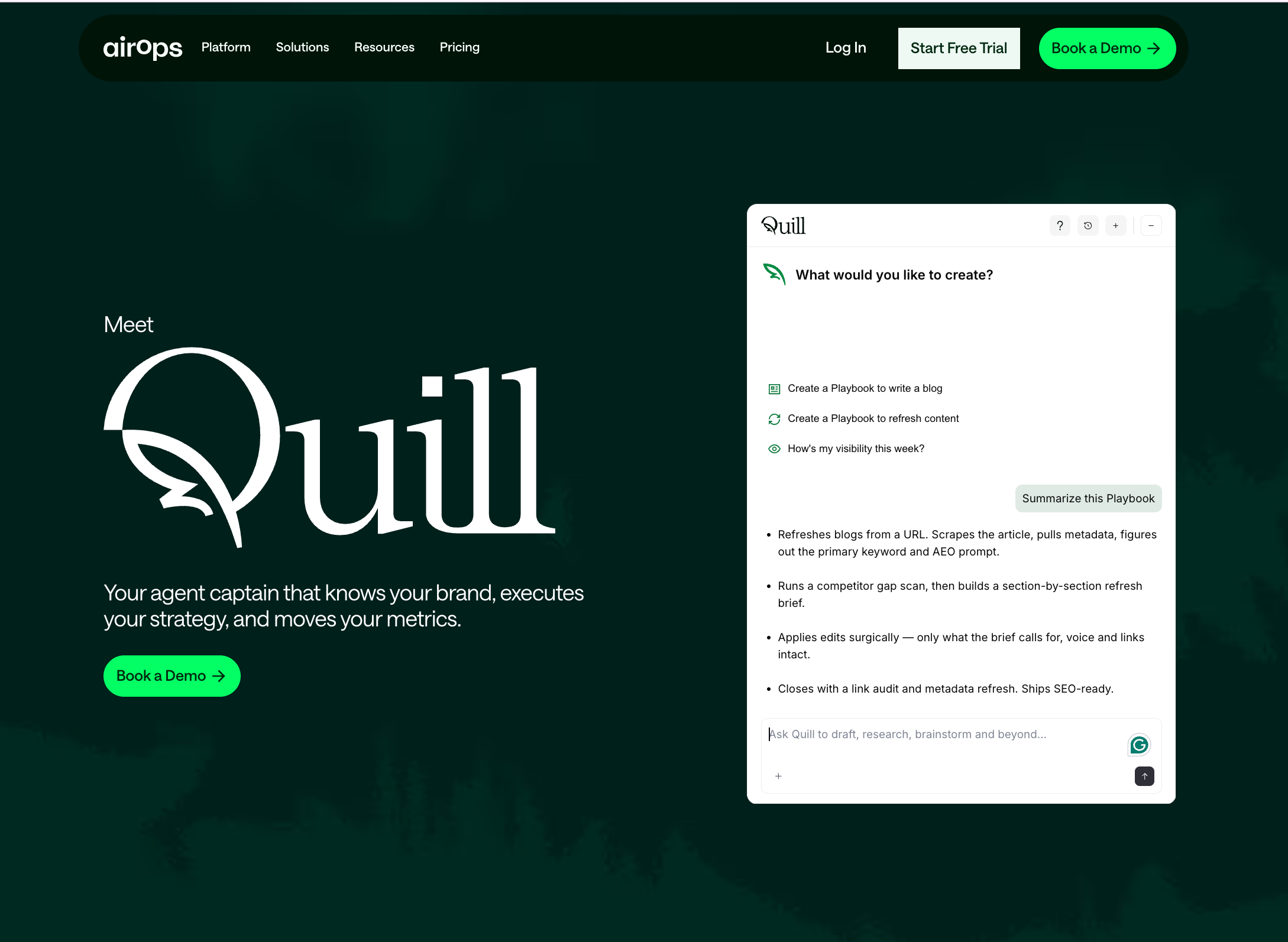 AirOps Quill autonomous AI agent executing content strategies through Playbooks