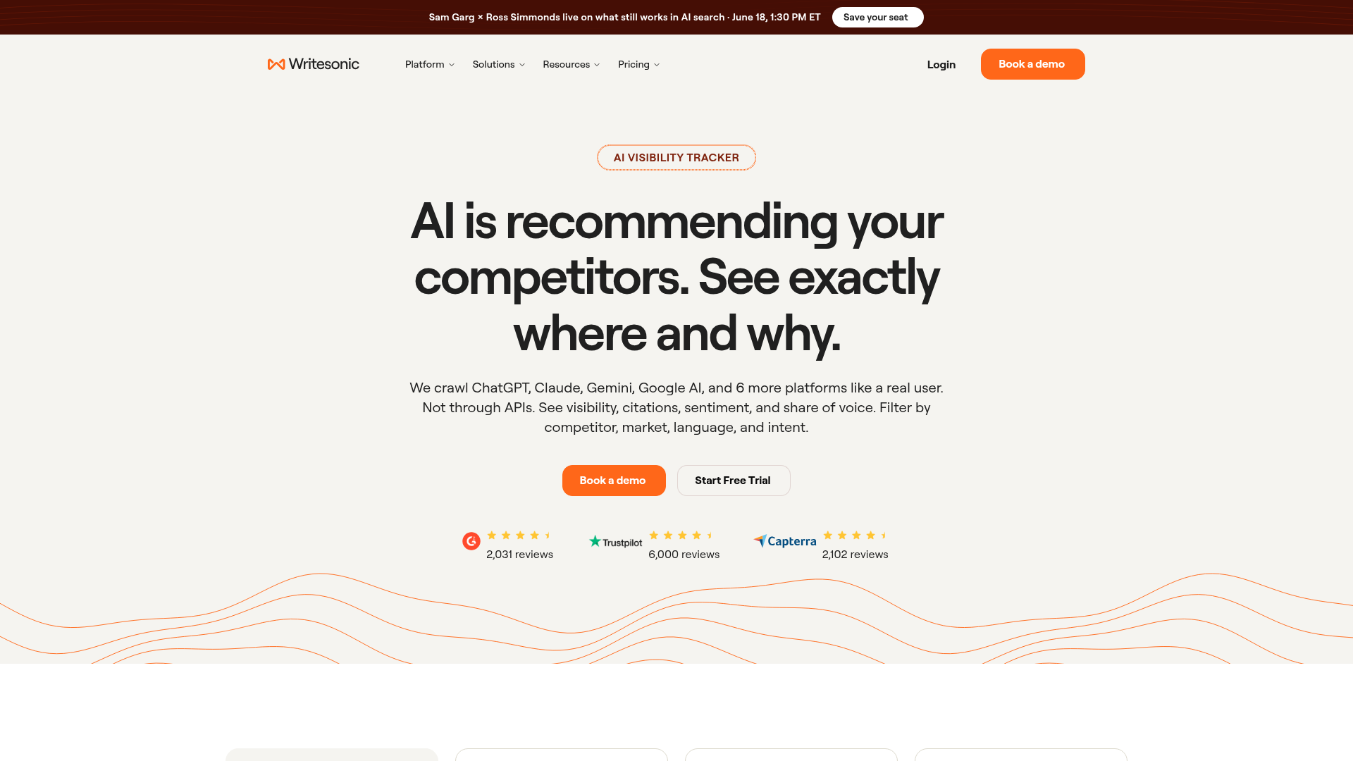 Writesonic AI Visibility Tracker showing brand monitoring across AI platforms