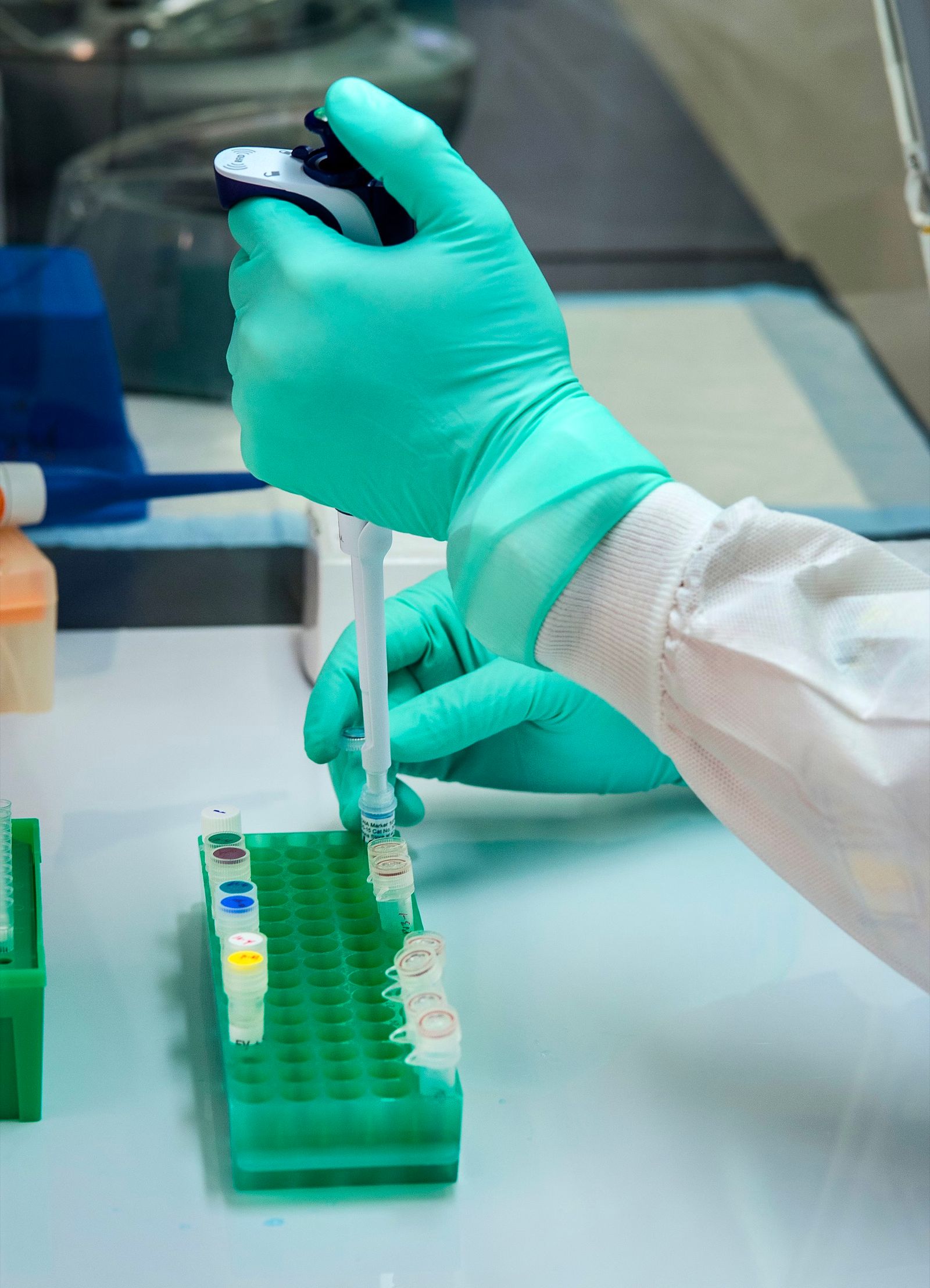 Gloved hand pipetting samples into a rack of tubes