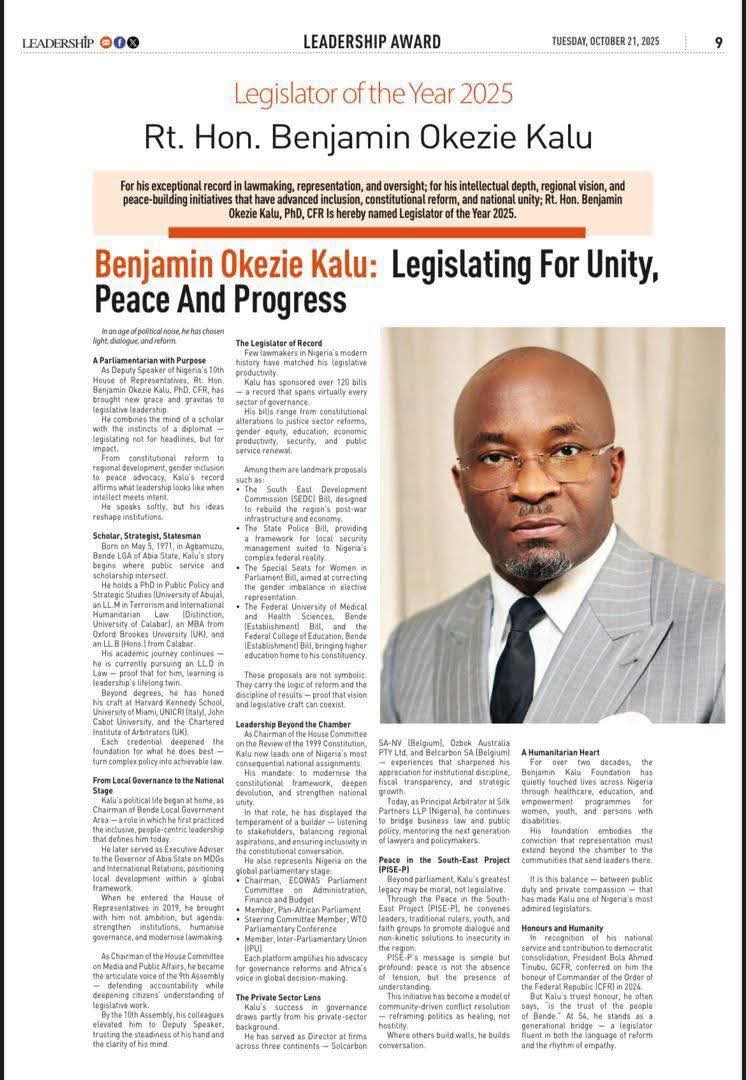 Benjamin Okezie Kalu: Legislating for Unity, Peace and Progress