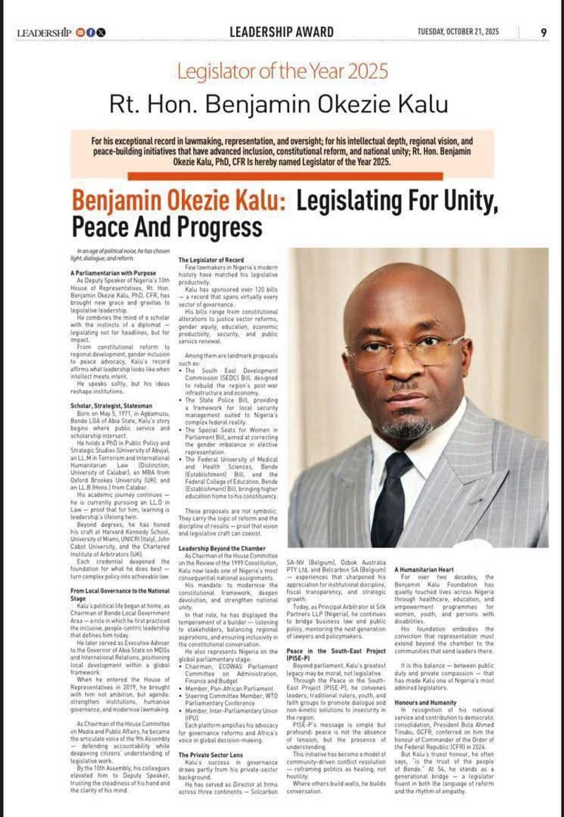 Benjamin Okezie Kalu: Legislating for Unity, Peace and Progress