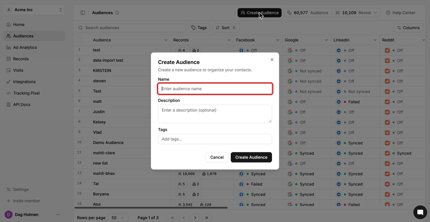 Create Audience dialog with Name, Description and Tags fields