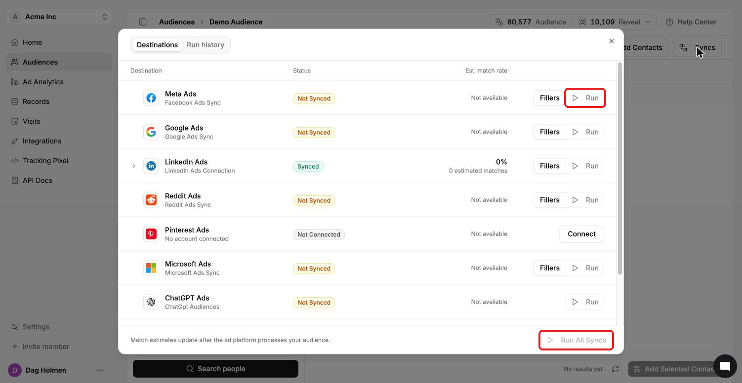 Syncs window showing LinkedIn Ads as Synced with an estimated match rate of 0% and 0 estimated matches