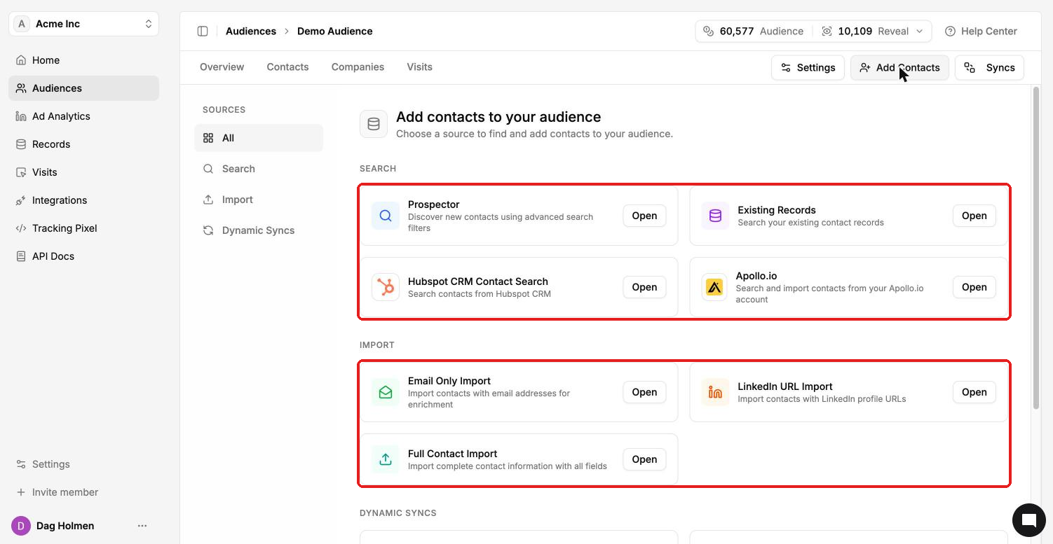 Add contacts to your audience page showing Search and Import sources