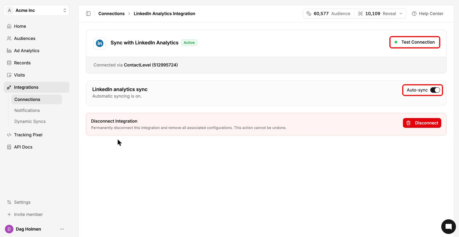 LinkedIn Analytics integration page with Test Connection, Auto-sync toggle and Disconnect