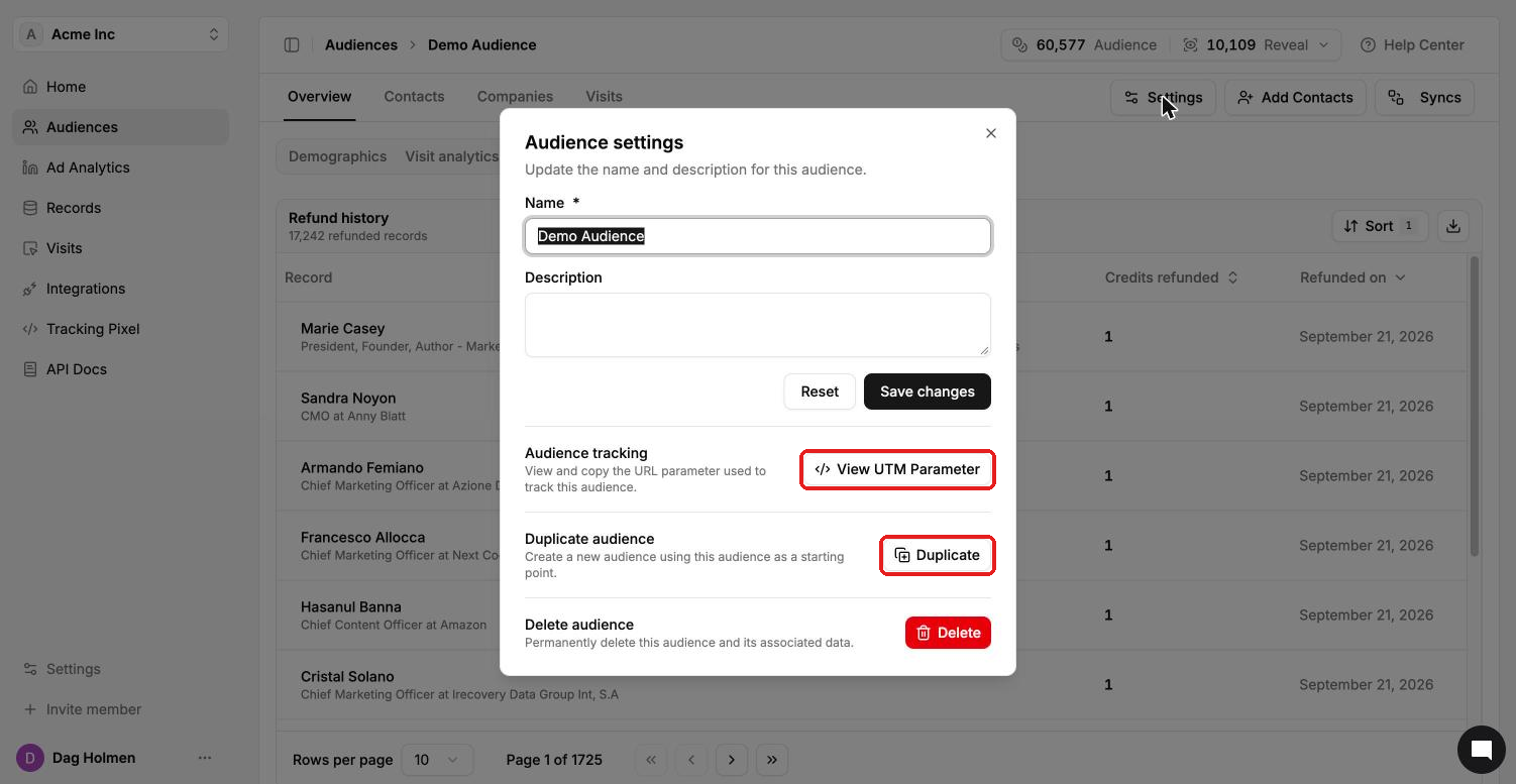 Audience settings dialog with name, description, View UTM Parameter, Duplicate and Delete