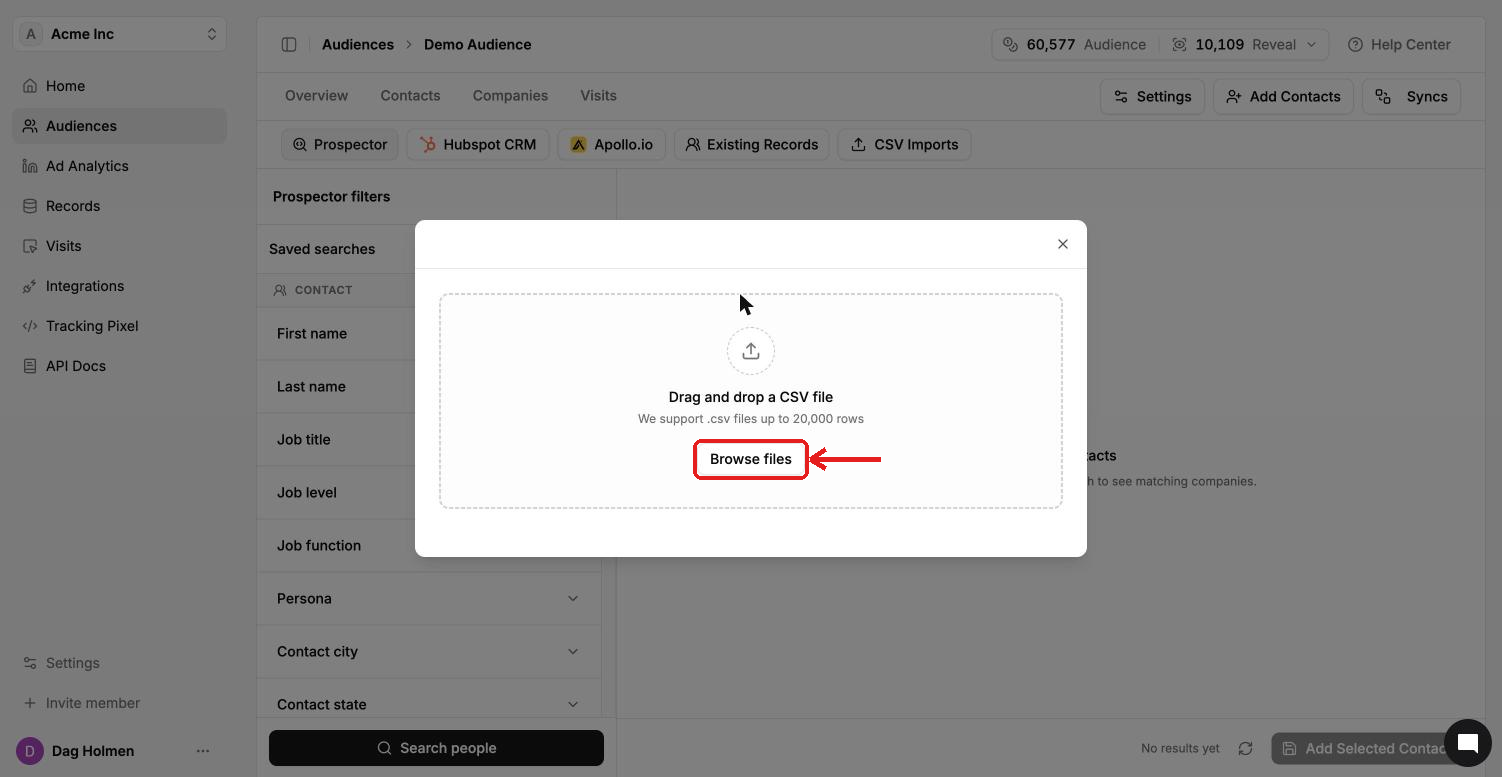 CSV upload dialog with the Browse files button and the 20,000-row limit
