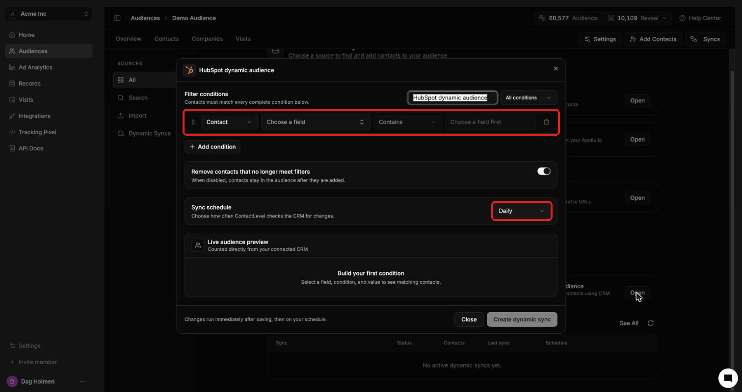 HubSpot dynamic audience dialog with filter conditions, removal toggle and sync schedule