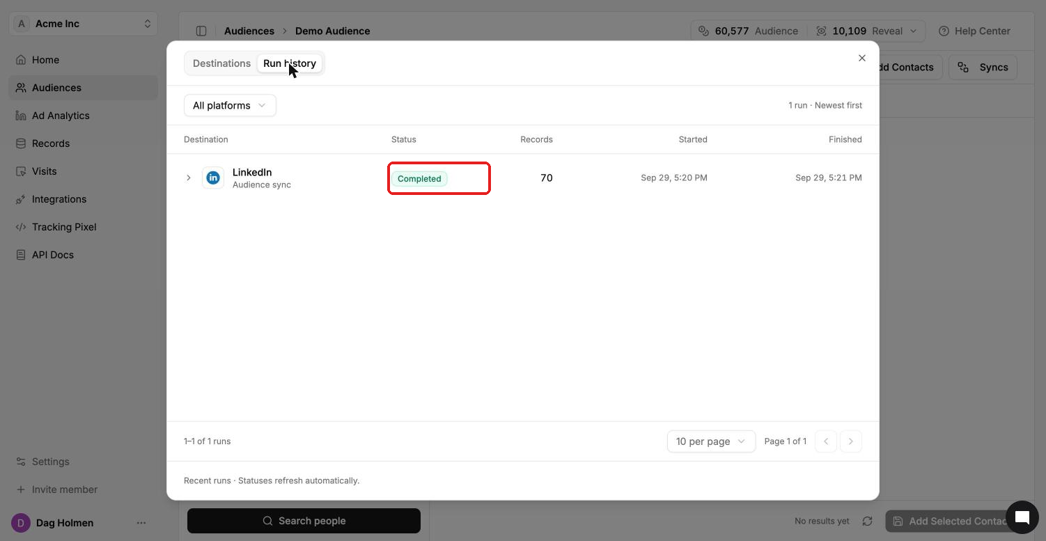 Syncs window, Run history tab, showing a completed LinkedIn sync with 70 records sent