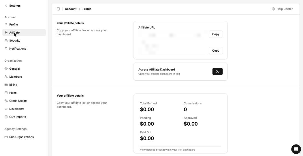 Settings Affiliate page with the affiliate URL, Access Affiliate Dashboard and earnings