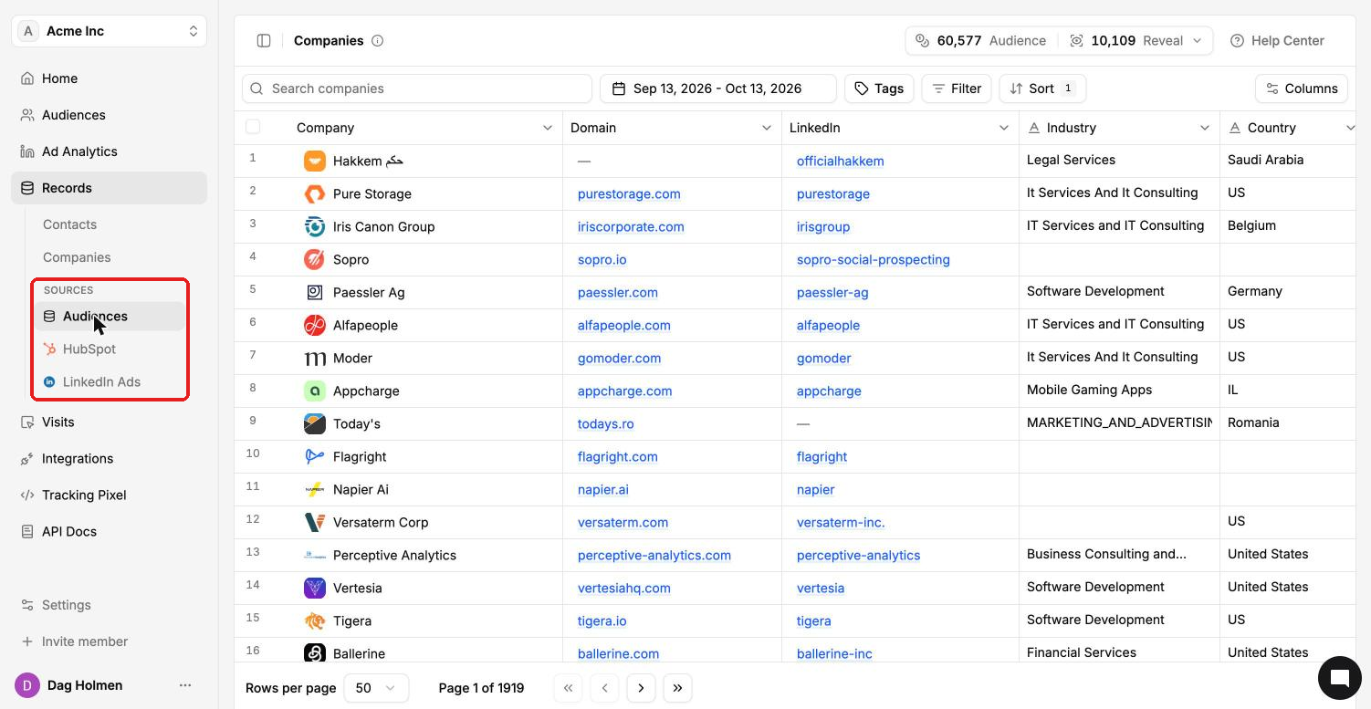 Records Companies table with the Sources list in the sidebar