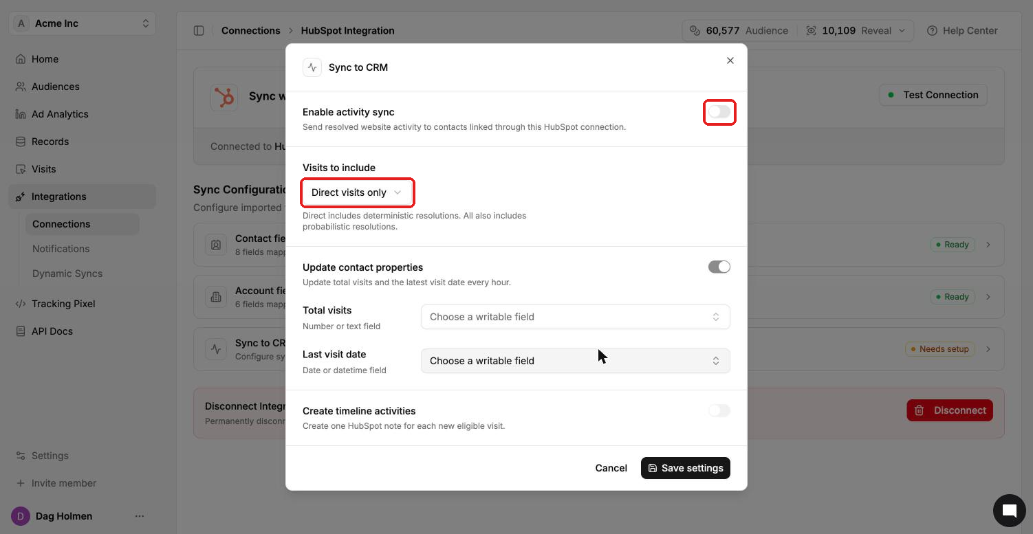 Sync to CRM dialog with Enable activity sync, Visits to include, Update contact properties and Create timeline activities