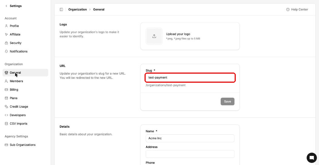Settings General page with logo upload, URL slug and organization details