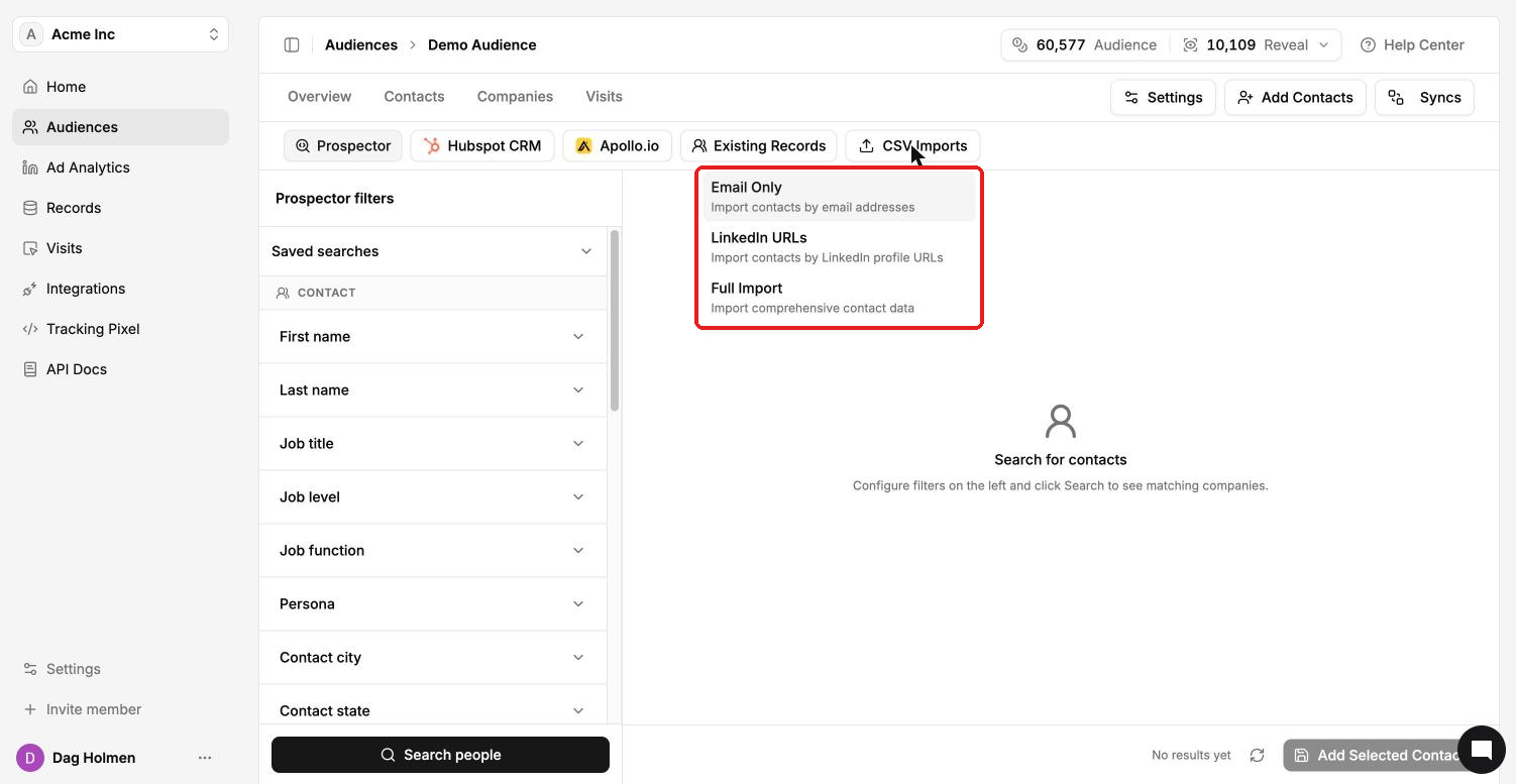 CSV Imports menu inside an audience with the Email Only, LinkedIn URLs and Full Import options