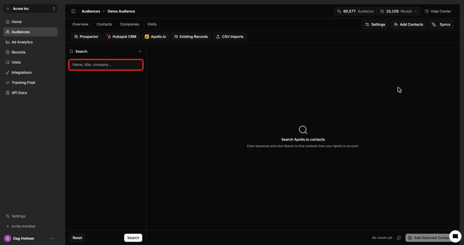 Apollo.io search screen with the name, title or company search box